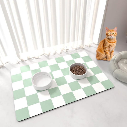 Pet Feeding Mat, 16"x 24" Absorbent Dog Food Mat, Checkered Cat Bowl Mats, Easy to Clean Pet Placemats, Quick Dry Dog Water Dispenser Mats for Messy Drinkers, Green & White