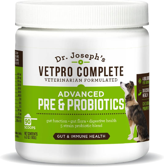 Dr. Joseph's VetPro Complete Advanced Powdered Pre & Probiotics for Dogs, 90 Scoops, Supports Gut Health, Diarrhea, Digestive Health & Seasonal Allergies, Chicken/Pumpkin Flavor, Add to Food
