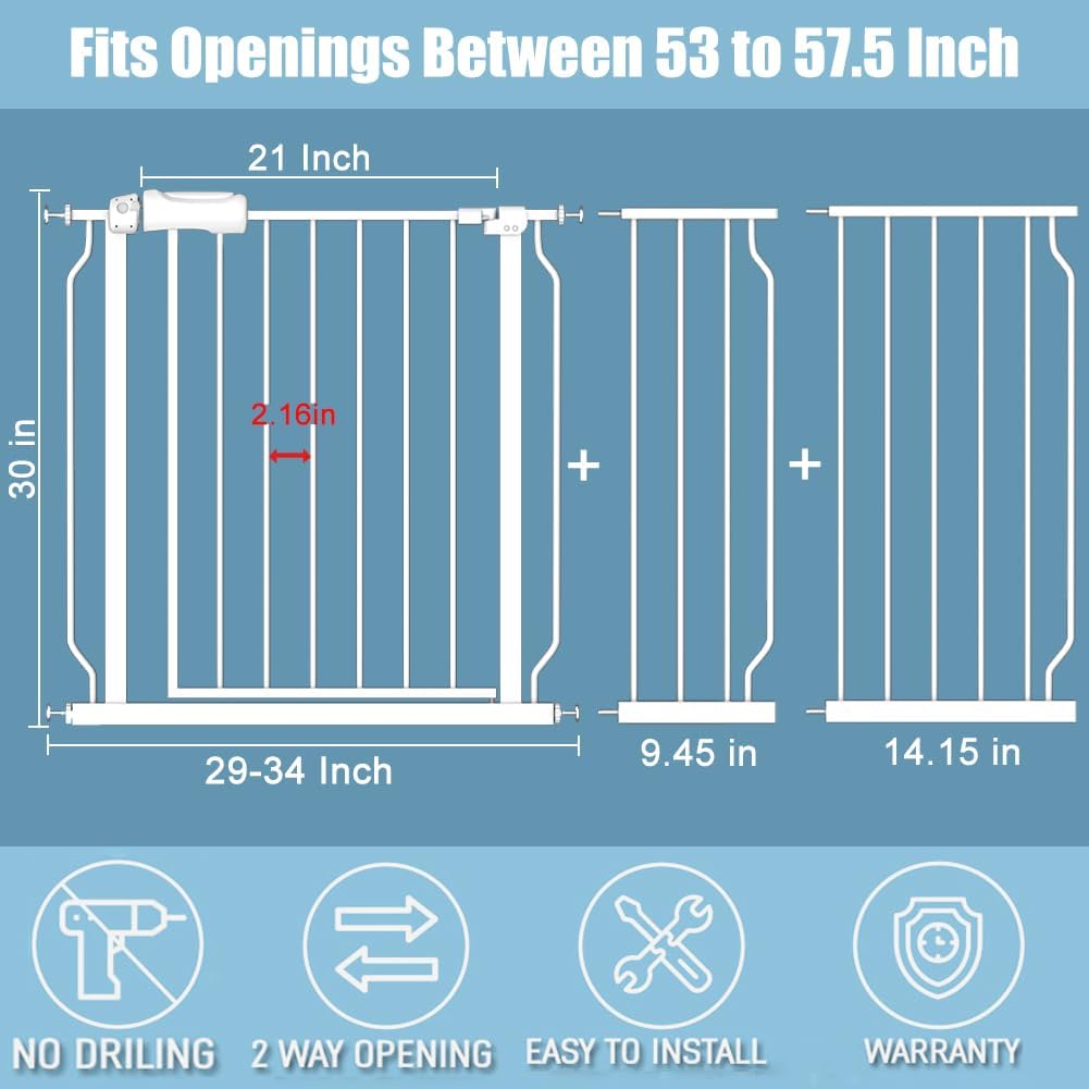 White Extra Wide Baby Gate 53-57.5 inch for Doorways Stairs Pressure Mount Baby Gate Automatic Close Child Dog Pet Safety Toddler Gates with Extensions
