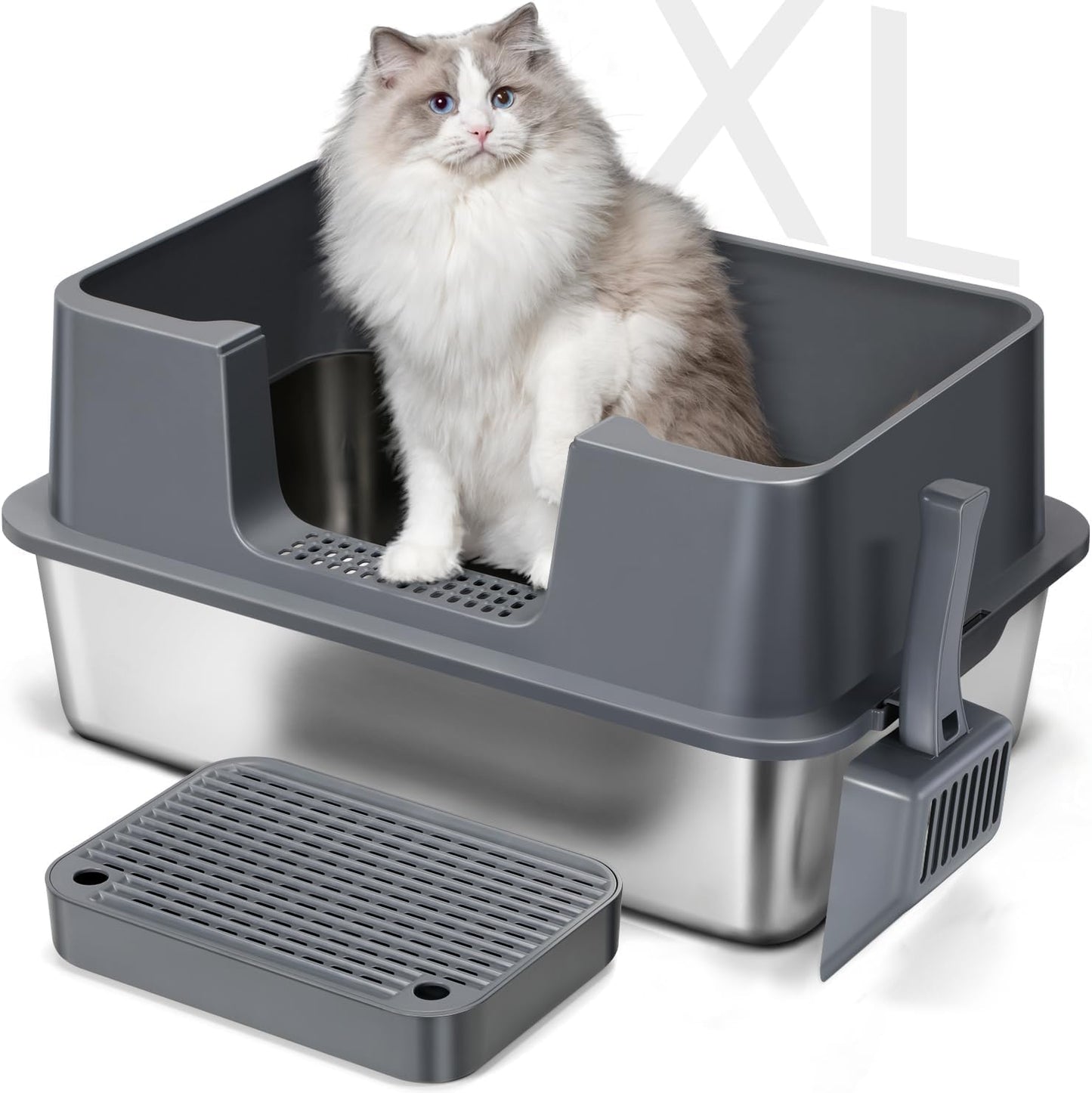 XL Stainless Steel Cat Litter Box with Lid – High Sides, Leak-Proof, Non-Stick Metal Litter Box for Large Cats – Easy to Clean, Includes Filter Pedal, Scoop & Cleaning Brush