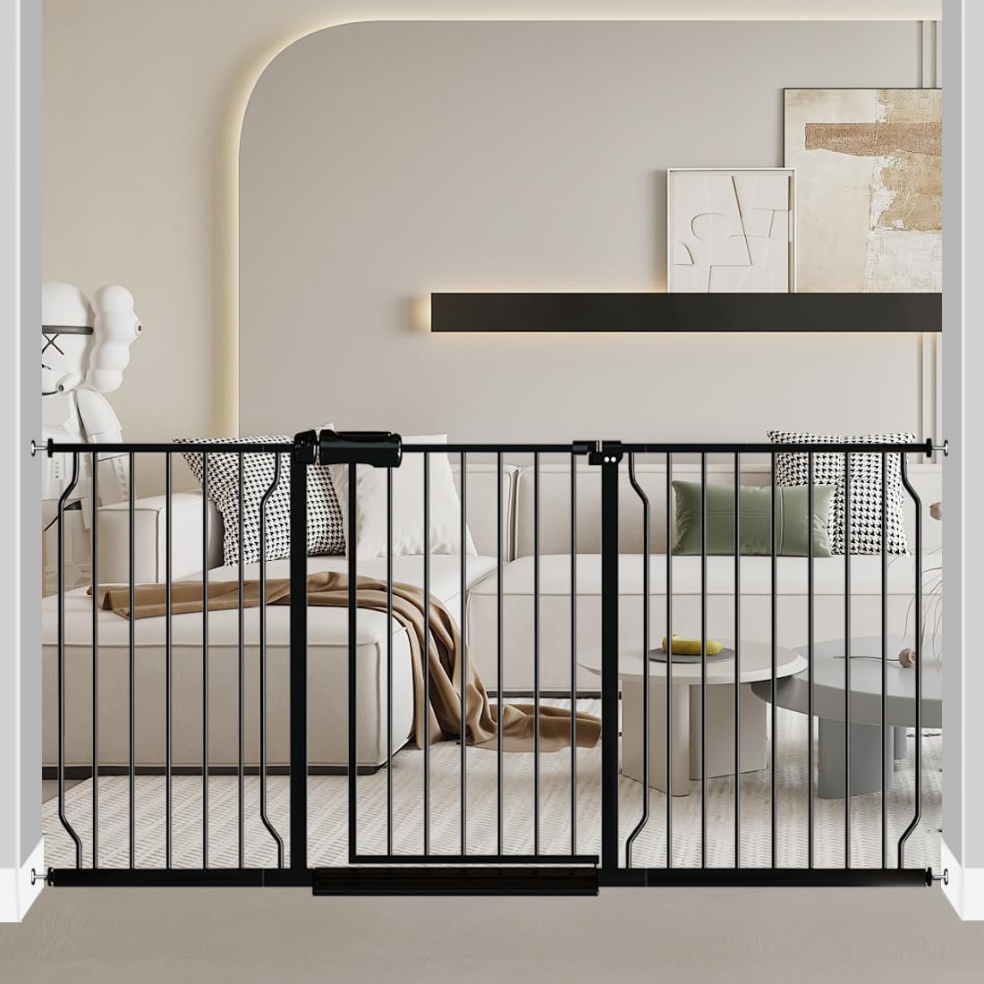 Fairy Baby Extra Wide Baby Gate Black 62-67 Inch Wide, Walk Through Pressure Mounted No Drill, Long and Large Tension Gate for Pet and Kids