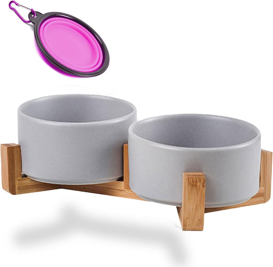 Petygooing Ceramic Dog Bowl Set with Wood Stand, Grey, 13.5OZ/5.1 in, Suitable for Cats & Small Dogs