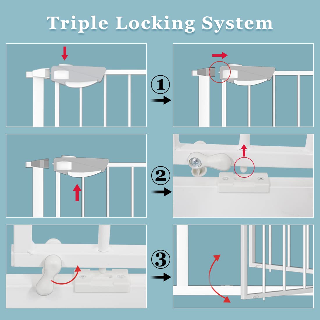WAOWAO Triple Lock Baby Gate Extra Wide 35.04-38.97" Pressure Mounted Walk Through Swing Auto Close Safety White Metal Dog Pet Puppy Cat for Stairs,Doorways,Kitchen