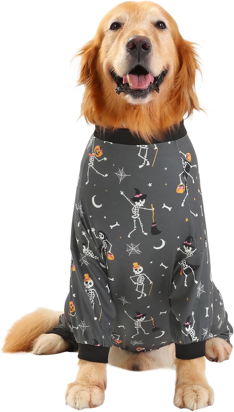 HDE Dog Pajamas One Piece Jumpsuit Lightweight Dog PJs Shirt for M-3XL Dogs Skeleton Bones - M