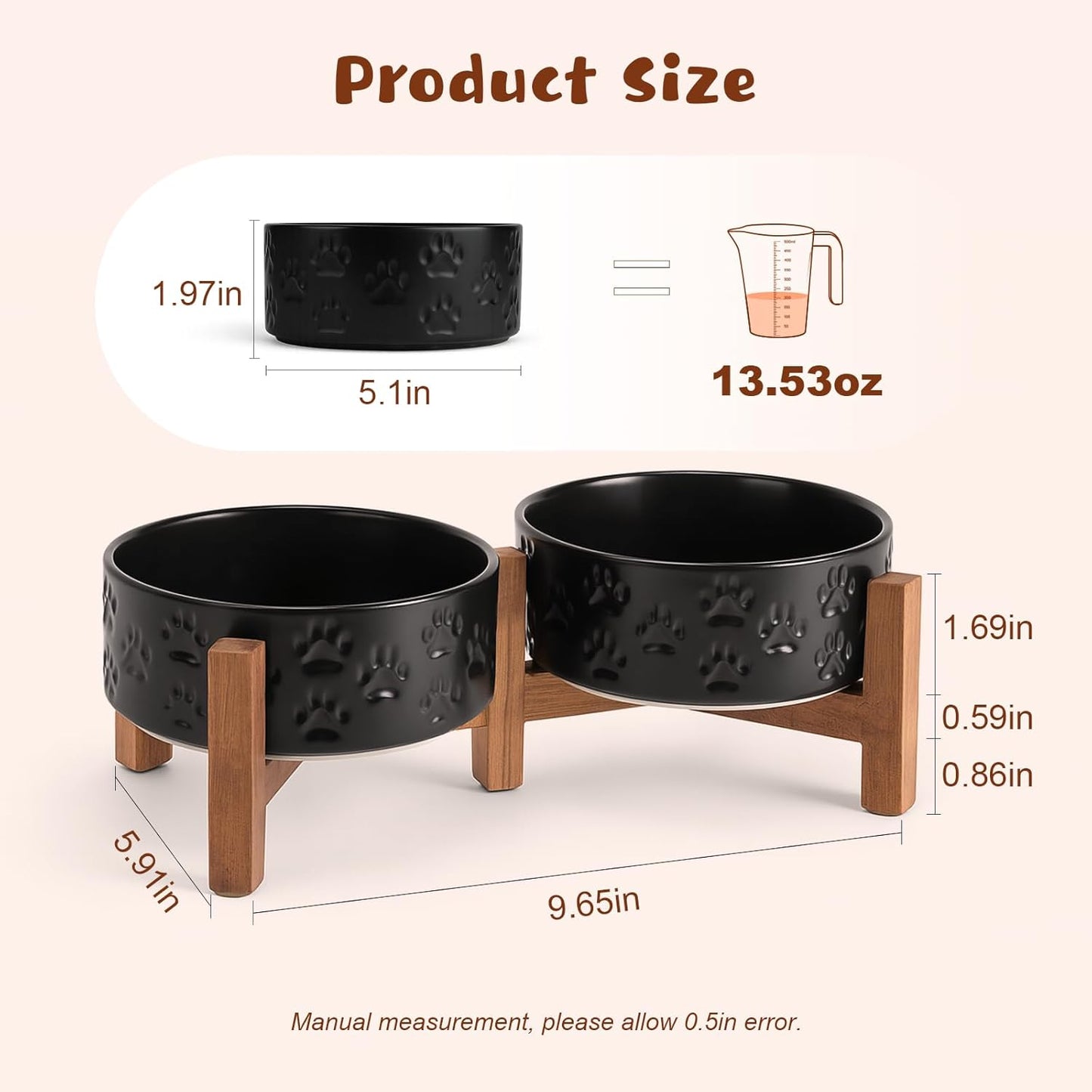 SPUNKYJUNKY Ceramic Elevated Dog Bowl Set with Acacia Wood Stand for Food and Water for Cats and Small Dogs (13.52 OZ, Black, Dog Paw Pattern)