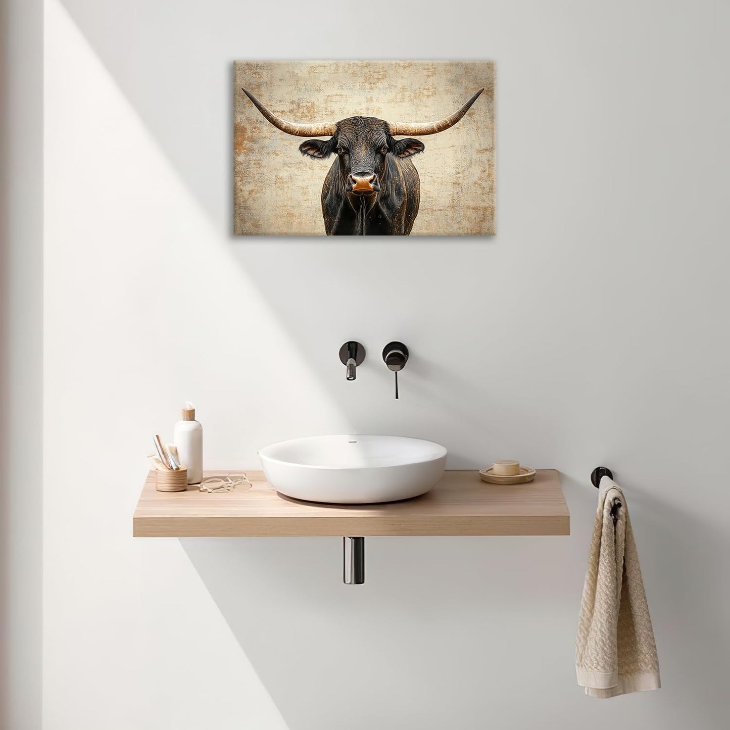 Rustic Highland Cow Pictures Wall Art, Farmhouse Longhorn Bull Bathroom Wall Decor Black Cow Framed Painting Canvas Artwork for Bathroom Bedroom Living Room Decorations 24"L x 16"W