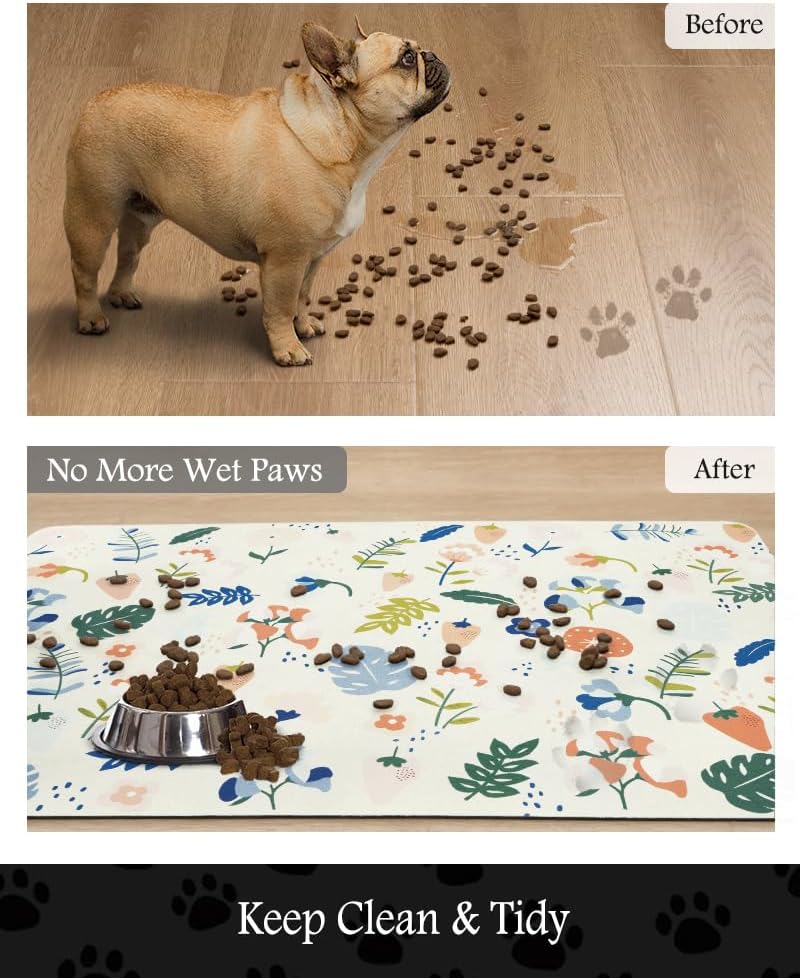 Pet Feeding Mat-Absorbent Dog Mat for Food and Water Bowl-No Stains Quick Dry Water Dispenser Mat-Dog Accessories Pet Supplies-Bowl for Messy Drinkers（LIGHTFLOWERS,12"x19"