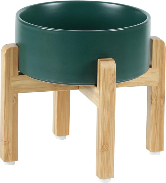 Ceramic Elevated Dog Bowl Set, Food and Water Bowl for Medium Dogs, Weighted Dishes, Green (7.3'', 41OZ)