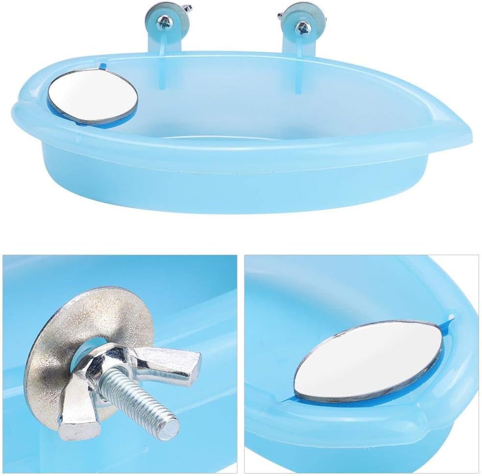 Tnfeeon Pet Bird Bathing Box, Cute Blue Pet Parrot Bathtub Box with Mirror Bird Cage Toy Accessory 7.4x3.9 in for Small Parakeet