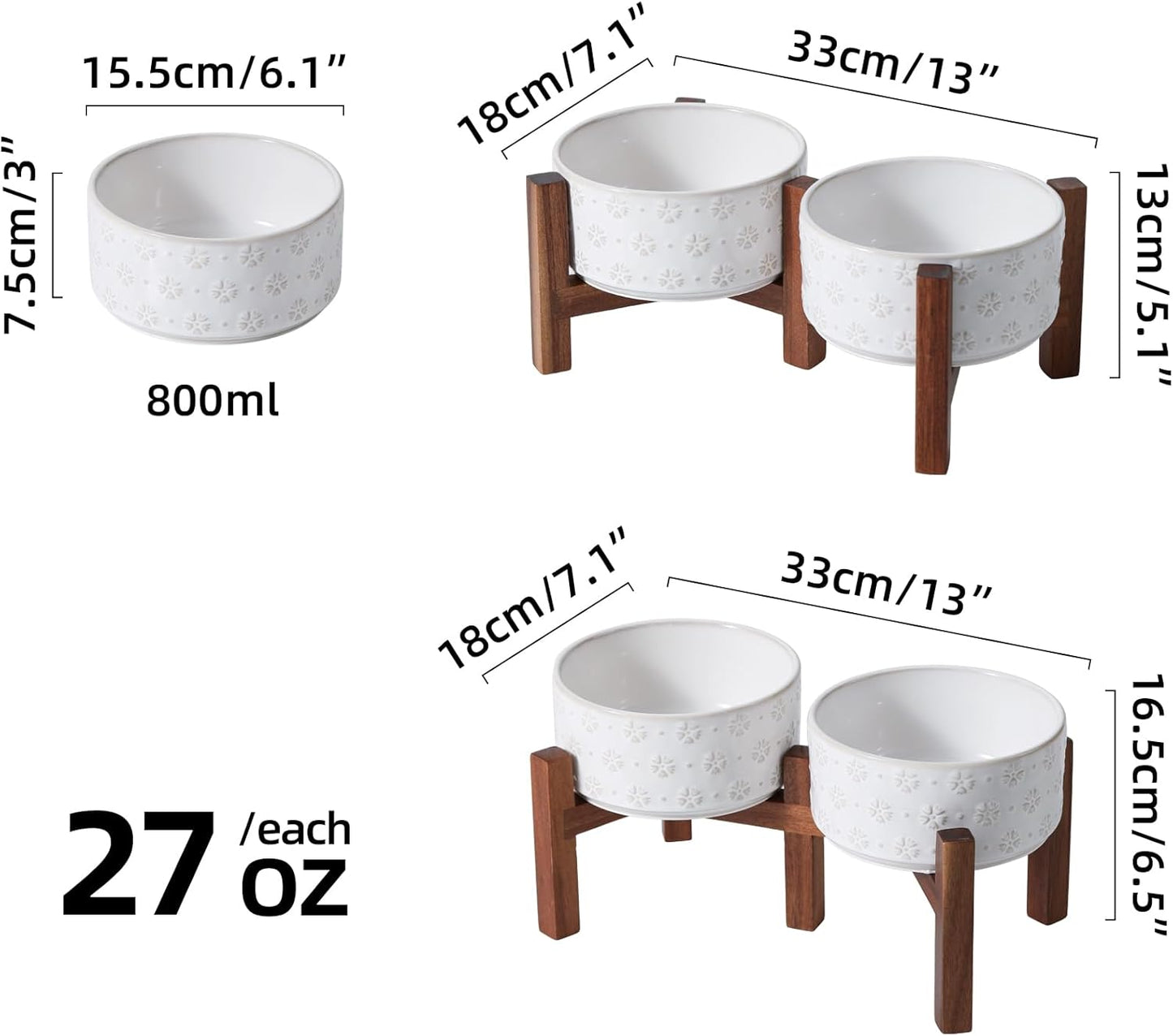 6.1inch Ceramic Raised Double Bowls Set with Acacia Wood Stand, 2 Heights Elevated, Food & Water Bowls for Small Breed Dogs, Weighted Dog Dishes, Pet Bowl(27oz, Arctic White)
