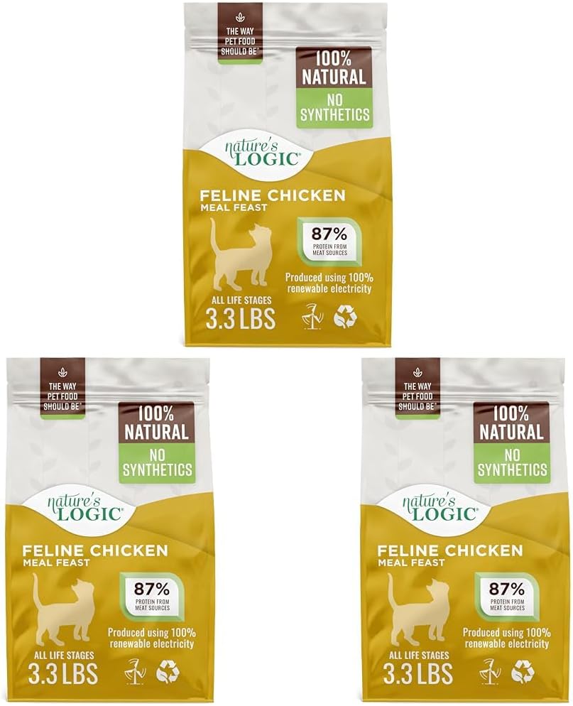 NATURE'S LOGIC Feline Chicken Meal Feast Cat Food - High-Protein Dry Food for Cats, 100% Natural Nutrition with Probiotics & Prebiotics - All Life Stages - Chicken, 3.3lbs (Pack of 3)