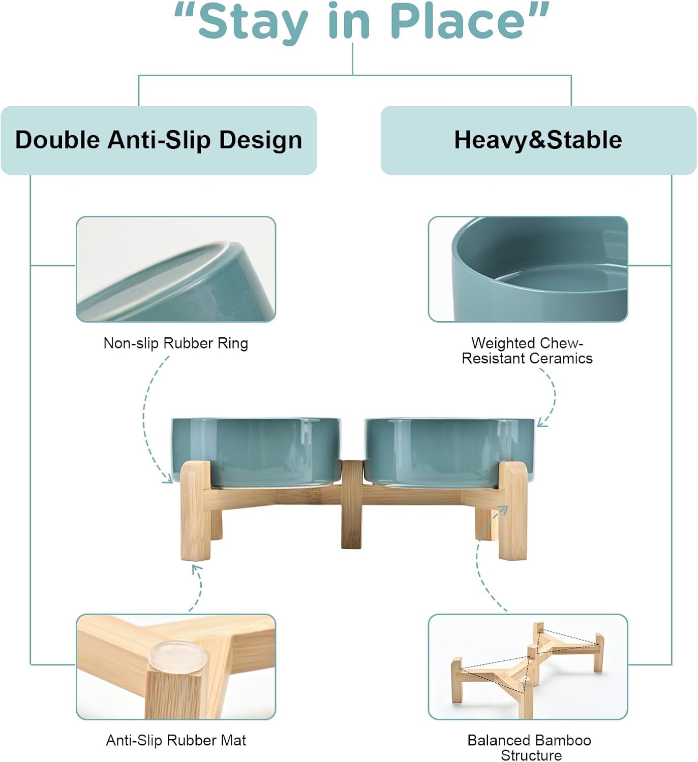 SPUNKYJUNKY Elevated Dog Bowls Ceramic, 5.1'' Dogs and Cat Food Water Bowls Raised with Non-Slip Bamboo Stand for Puppy Small Sized Breed Microwave Dishwasher Safe - 13.5 OZ,Dark Green