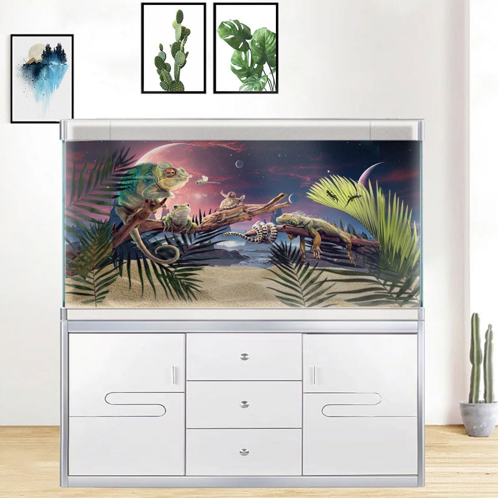 24X12IN Cosmic Spaceterrarium Background, Cool Parallel Space Themed Aquarium Reptile Habitat Background, Red Moon Aquarium Background with 10EVA Double-Sided Tape