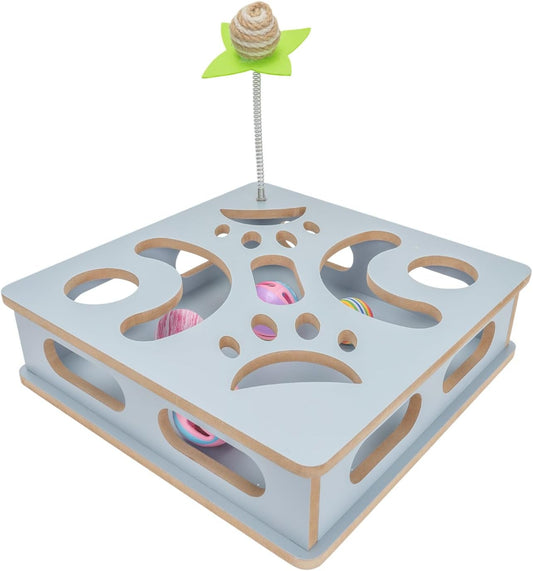 Interactive Wooden Cat Puzzle Toy Box Indoor Hunting Play Toy to Stimulate Your Cat’s Energy and Instincts (Blue)