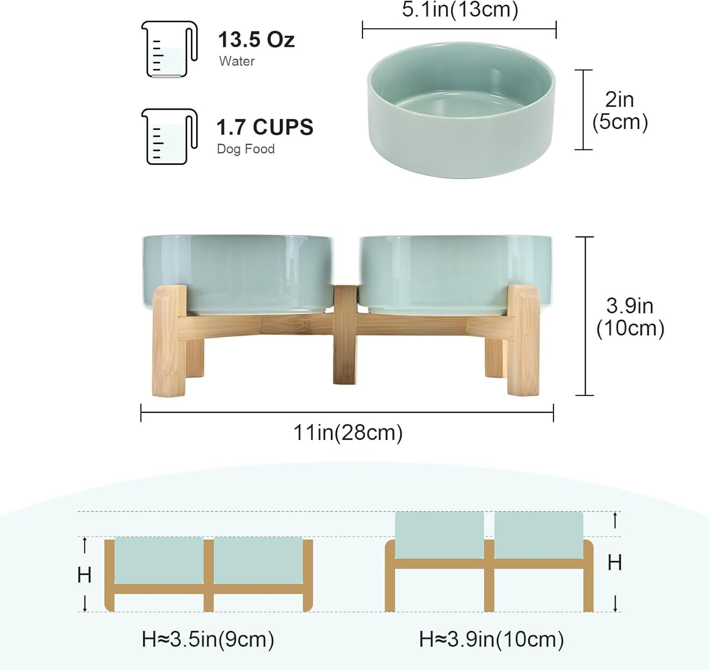 SPUNKYJUNKY Elevated Dog Bowls Ceramic, 5.1'' Dogs and Cat Food Water Bowls Raised with Non-Slip Bamboo Stand for Puppy Small Sized Breed Microwave Dishwasher Safe - 13.5 OZ,Light Green