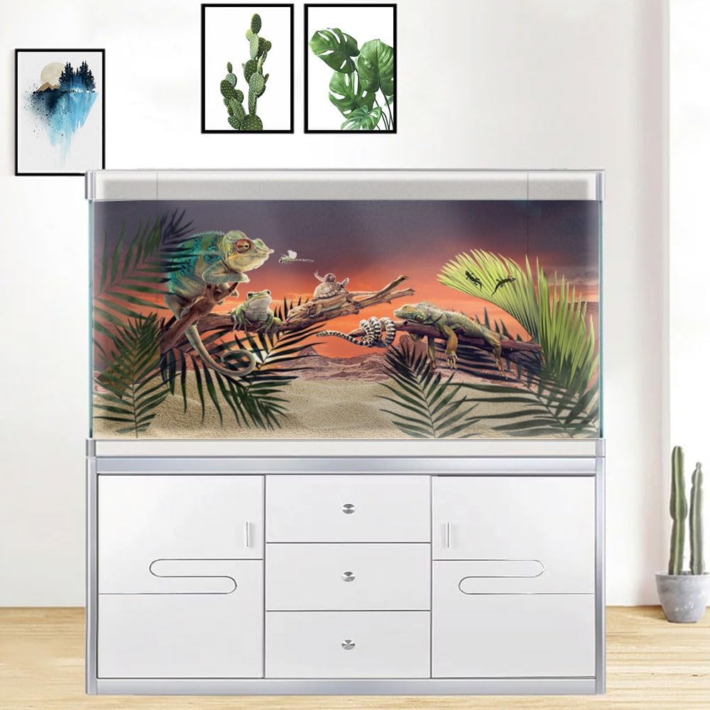 48X18IN Sun and Desert Moon Themed Reptile Habitat on Orange Durable Decorative Background, Terrarium Background with 10EVA Double-Sided Tape