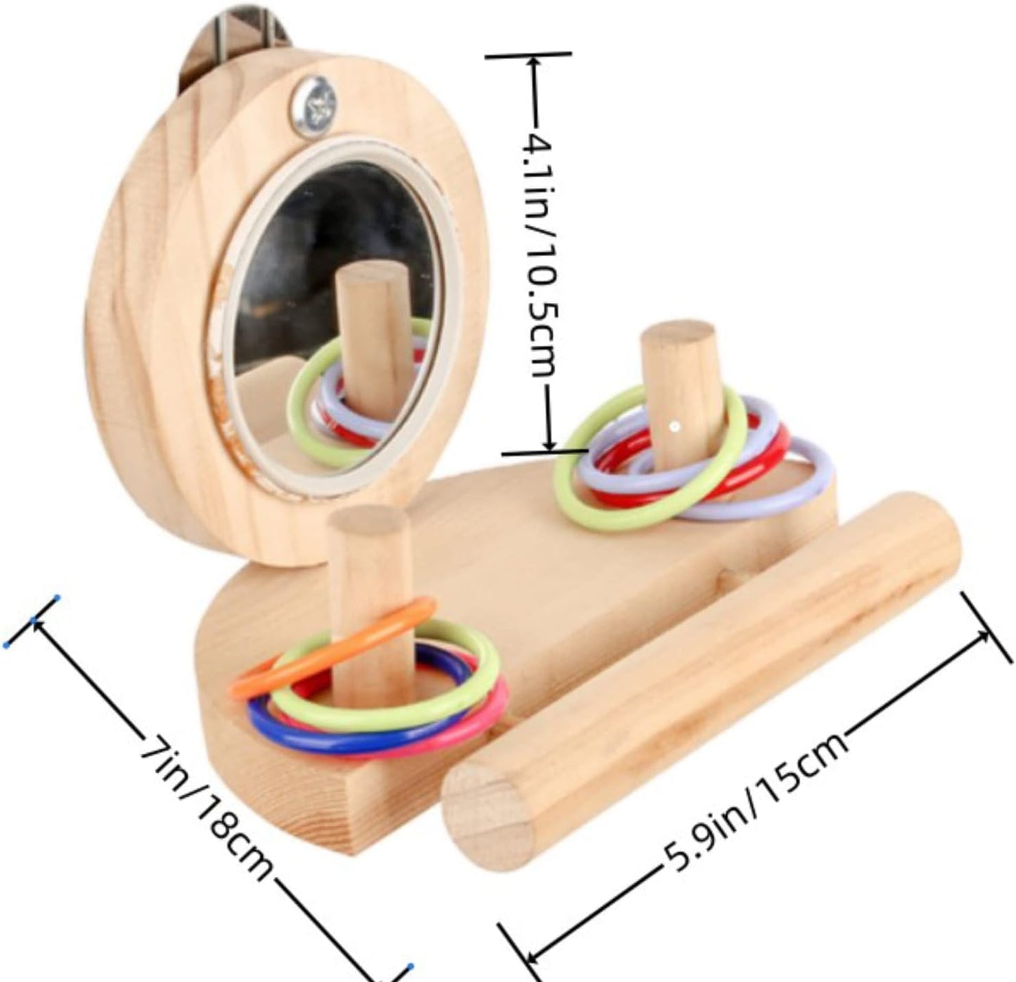 Parrot Mirror Toy for Cage, Pet Mirror Toys Set with Wooden Platform Stand Perch, 8 Pcs Colorful Stacking Rings Bird Toy Intelligence Toys, Idea for Cockatiel Parrot Bird Cage Health Supplies