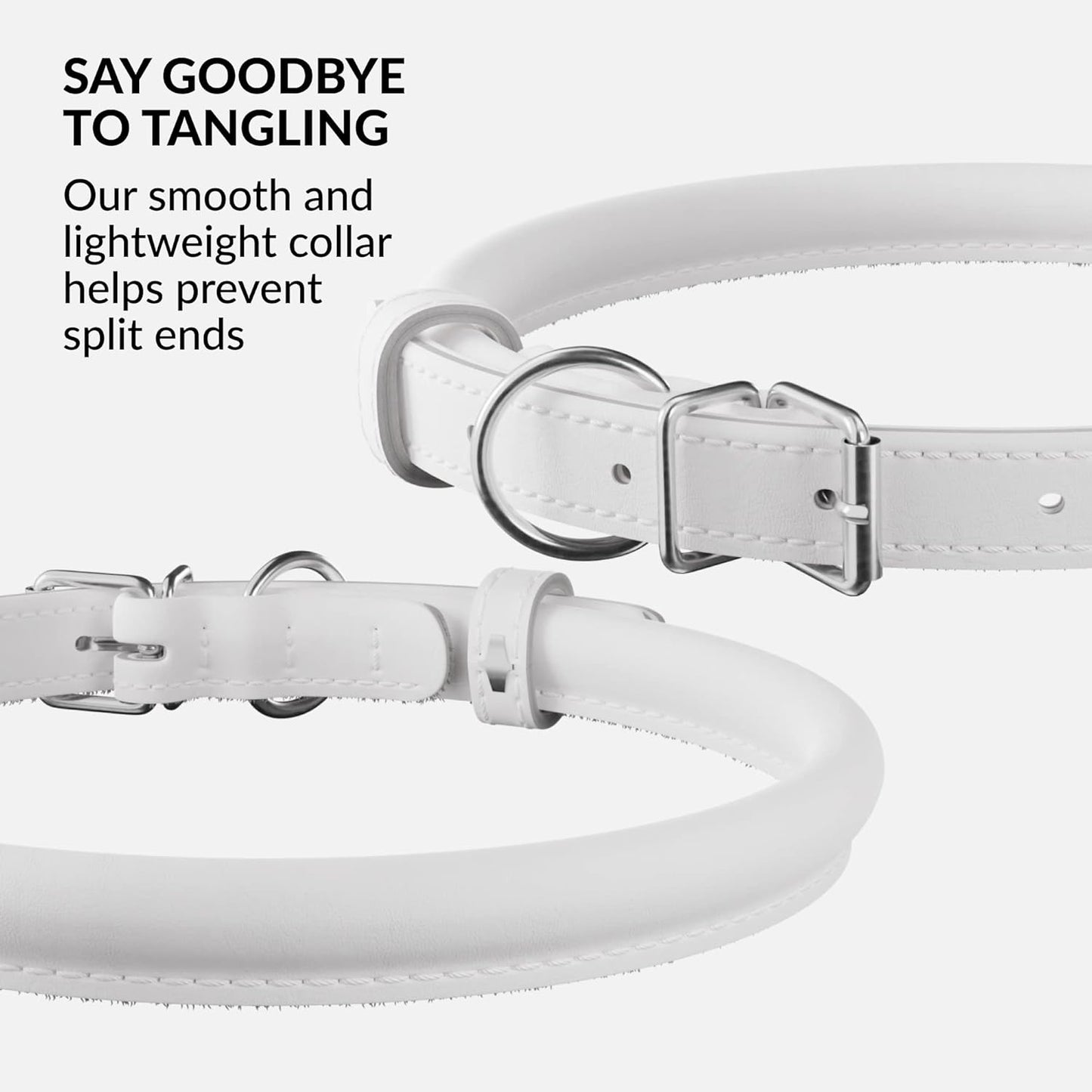 CollarDirect Rolled Leather Dog Collar, Soft Padded Round Puppy Collar, Handmade Genuine Leather Collar Dog Small Large Cat Collars 13 Colors (15-19 Inch, White Smooth)