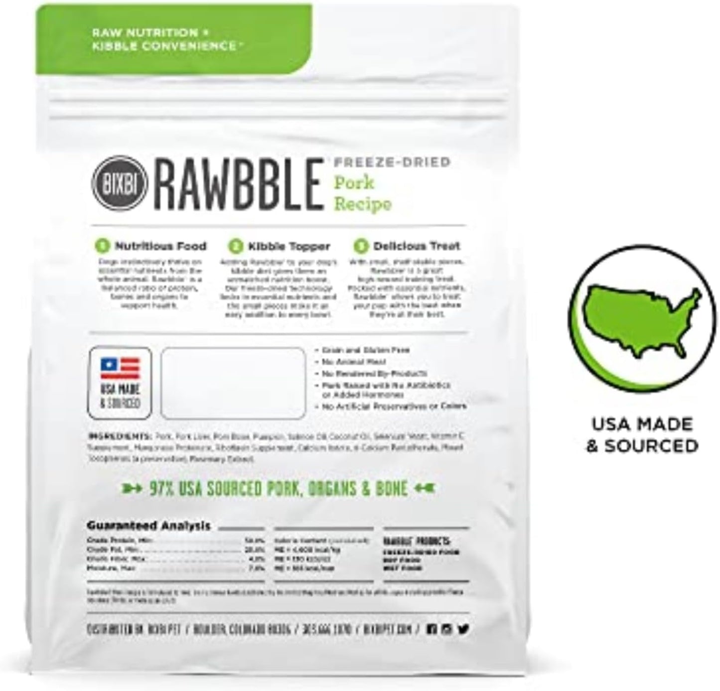 BIXBI Rawbble Freeze Dried Dog Food, Pork Recipe, 4.5 oz - 97% Meat and Organs, No Fillers - Pantry-Friendly Raw Dog Food for Meal, Treat or Food Topper - USA Made in Small Batches