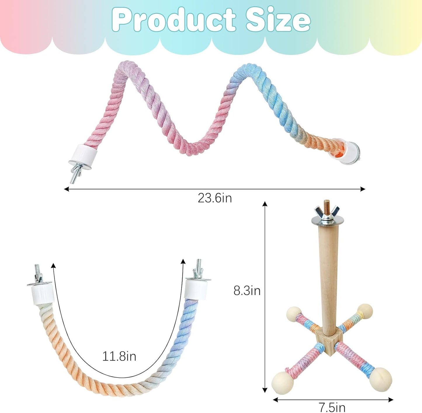 BNOSDM Bird Rope Perch with Stand Perch Toy Set Bendable Rope Perches Wooden Spinning Exercise Wheel Toy Parrot Cage Accessories for Parakeets, Conures, Lovebirds, Budgies, Cockatiels (Rainbow Color)