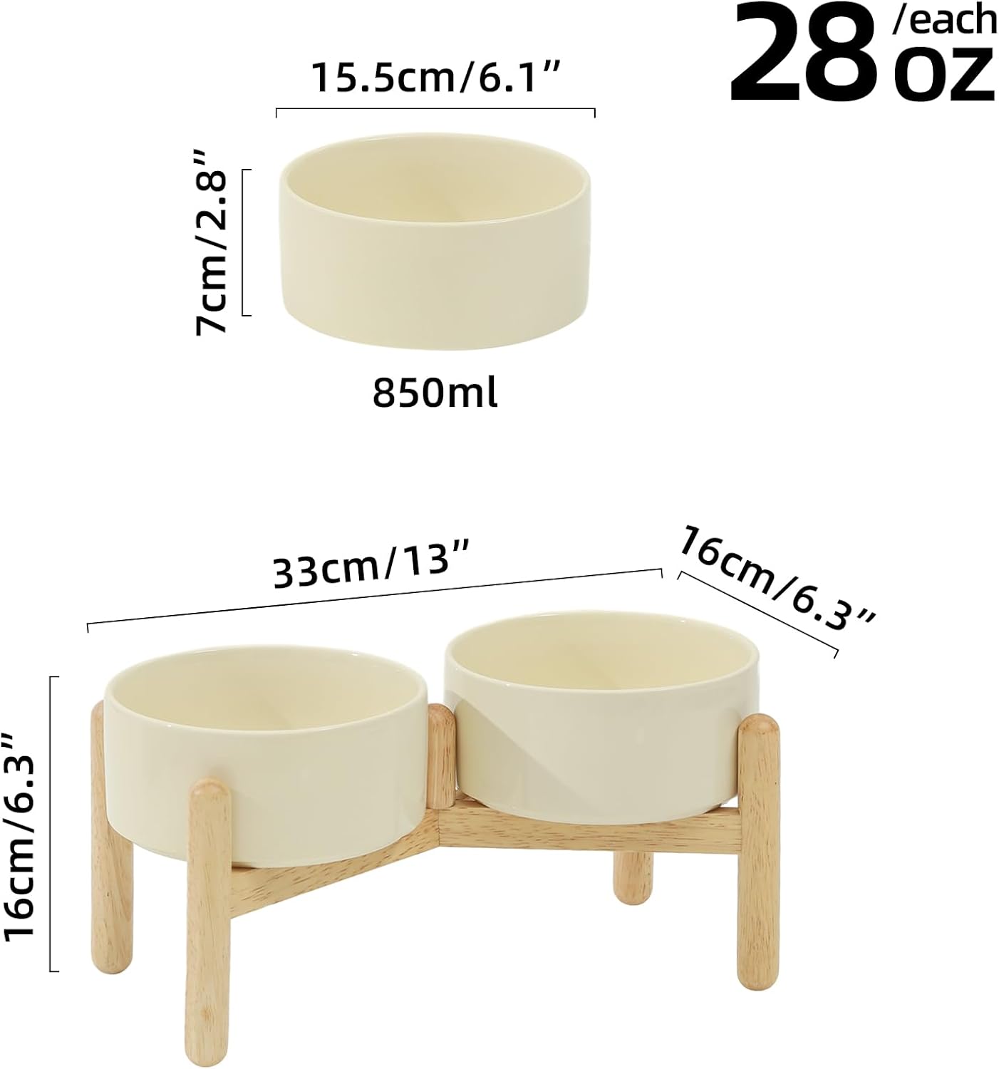 Ceramic 6.1inch Raised Dog Bowl with Stand for Small and Medium Breed Dog Dish Pet Food and Water Bowl (Double Bowl with Stand - Beige, 28oz)