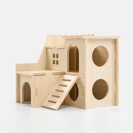 Multi-Chamber Hamster Hideout & House, Natural Wood Small Animal Cage Accessories for Dwarf Hamsters, Gerbils and Mice – Ventilated Design with Structure