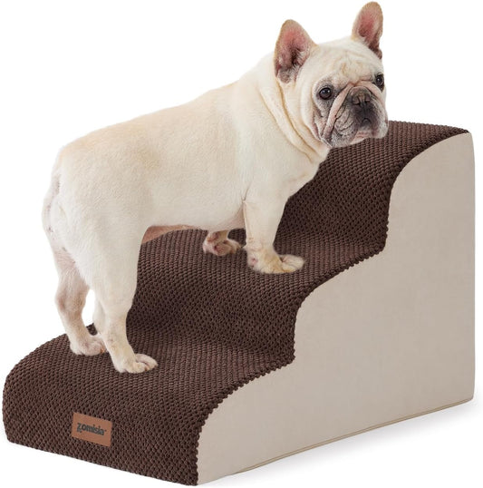 Dog Stairs for Small Dogs - Pet Stairs for Couch and Bed, 35D Foam Dog Steps Ramp with Non-Slip Bottom Brown, 3 Steps