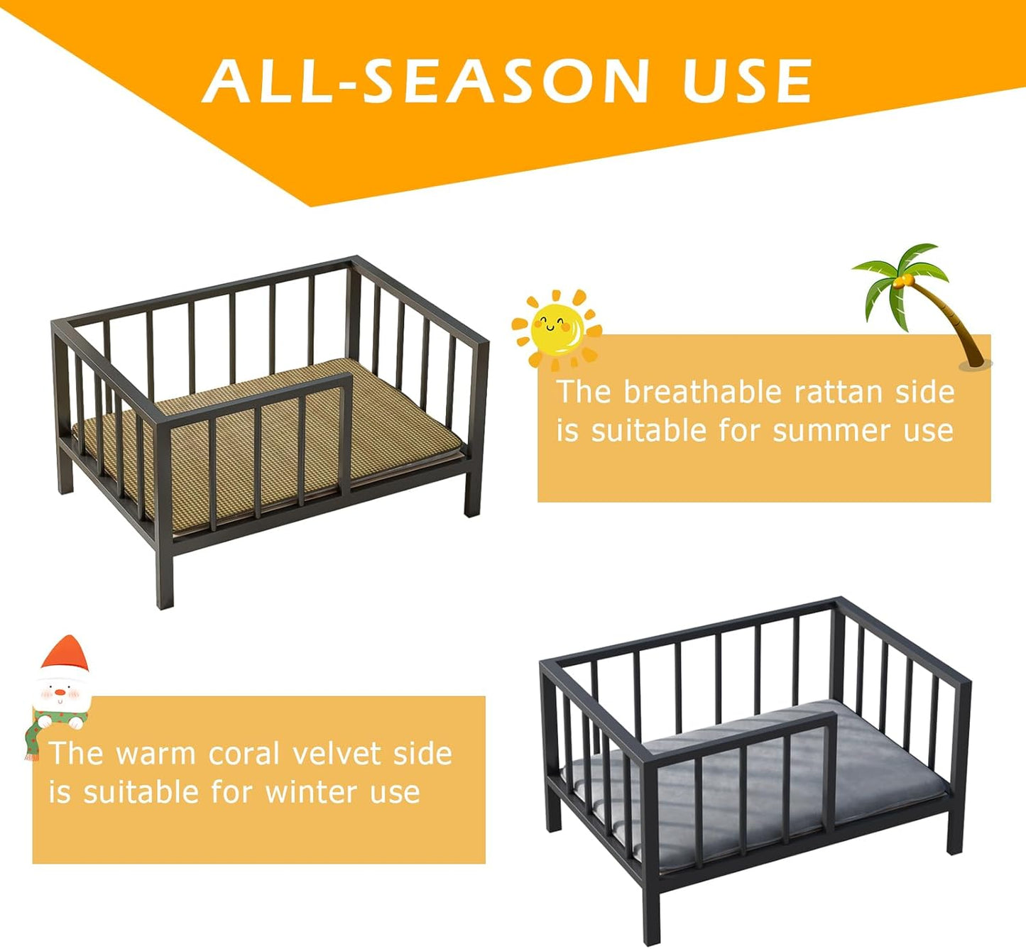 Dog Bed with Rails - Elevated Pet Metal Bed Frame with Solid Wood Board and Washable Soft Mat for Small Dog Indoor or Outdoor Use, 21.3" x 30", Black