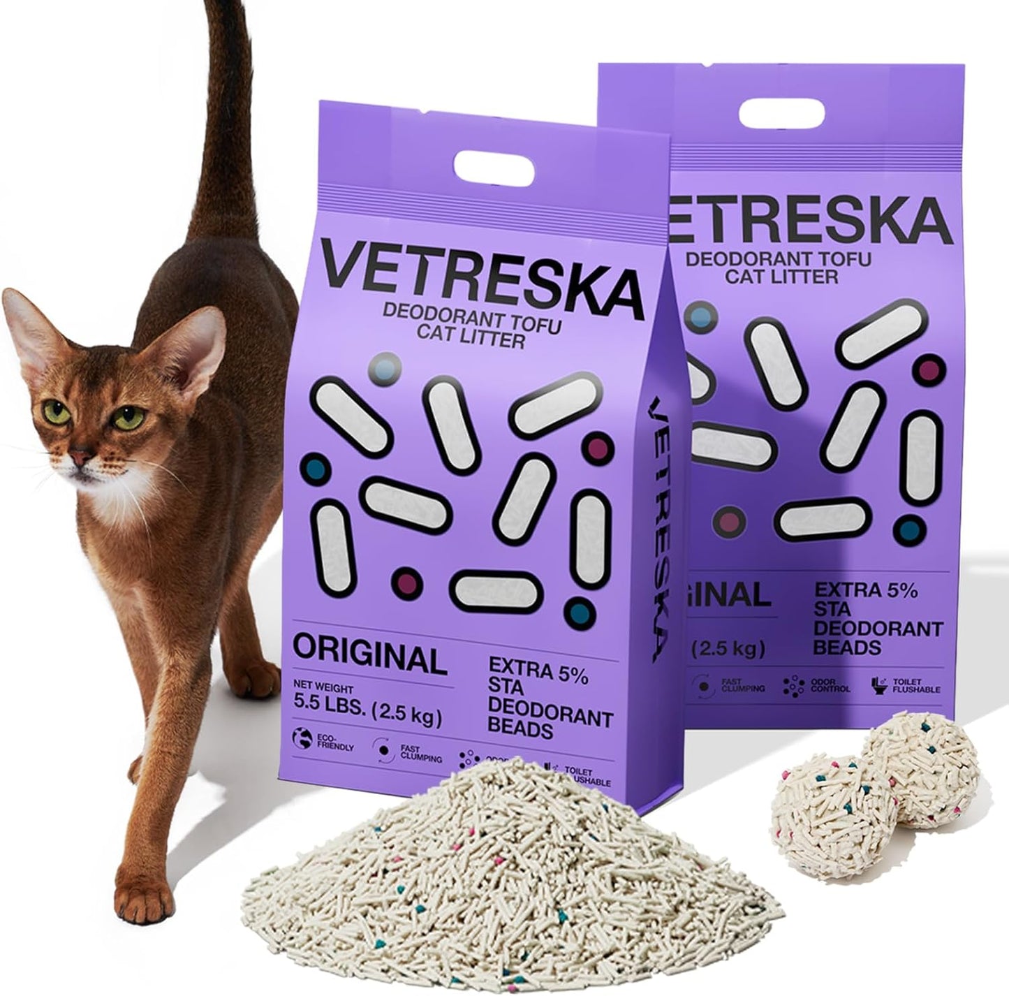 VETRESKA Tofu Cat Litter,Kitty Litter Flushable Strong Clumping Cat Litter Pellets Ultra Absorbent,Dust-Free Tofu Litter,Original(5.5lb×2bags)