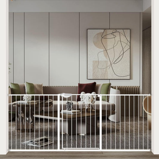 WAOWAO Triple Lock Baby Gate Extra Wide 76.77-81.49" Pressure Mounted Walk Through Swing Auto Close Safety White Metal Dog Pet Puppy for Stairs,Doorways,Kitchen