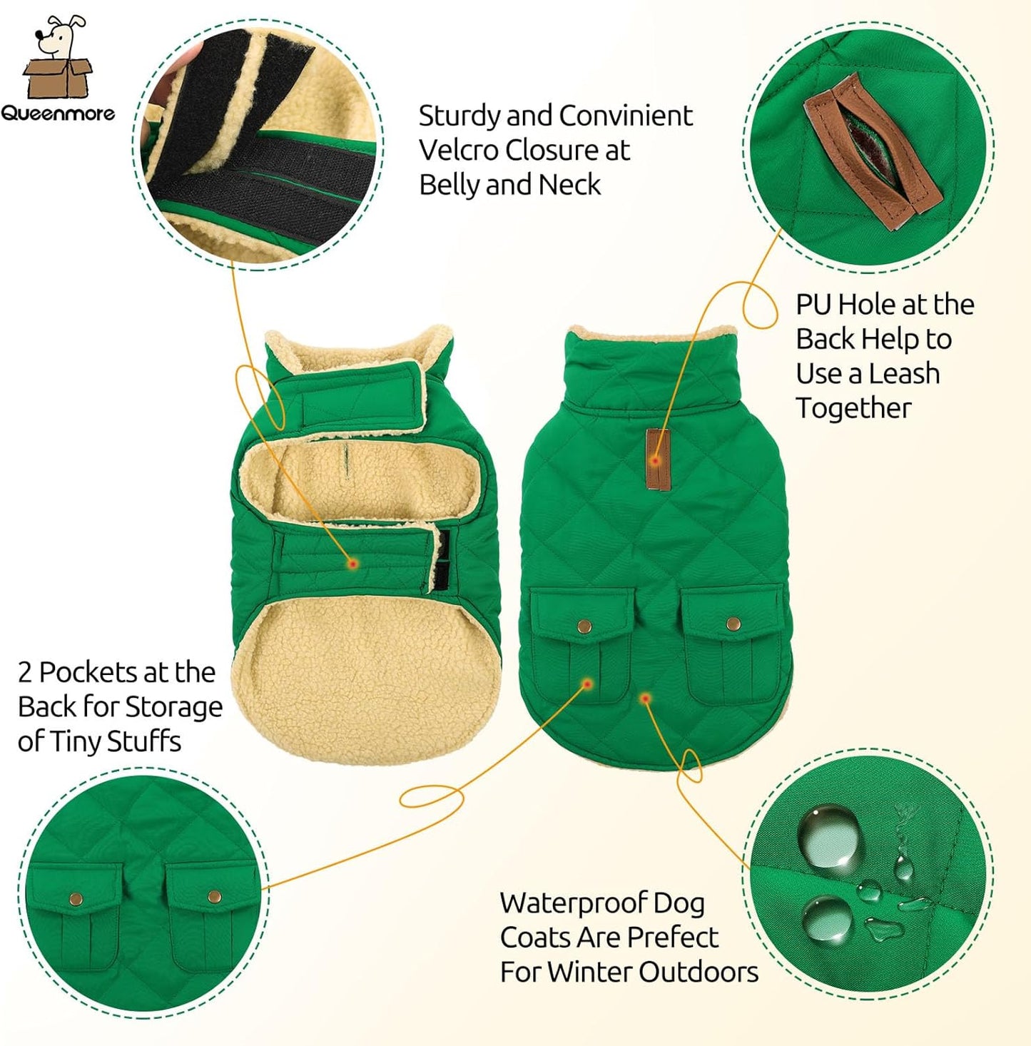 Queenmore Warm Dog Coat, Cold Weather Puffer Dog Coat Vest, Quilting Winter Pet Jacket Ultra Thick Plush Fleece Lining Pet Clothes for Dogs with Storage Pockets (Forest Green, Small)