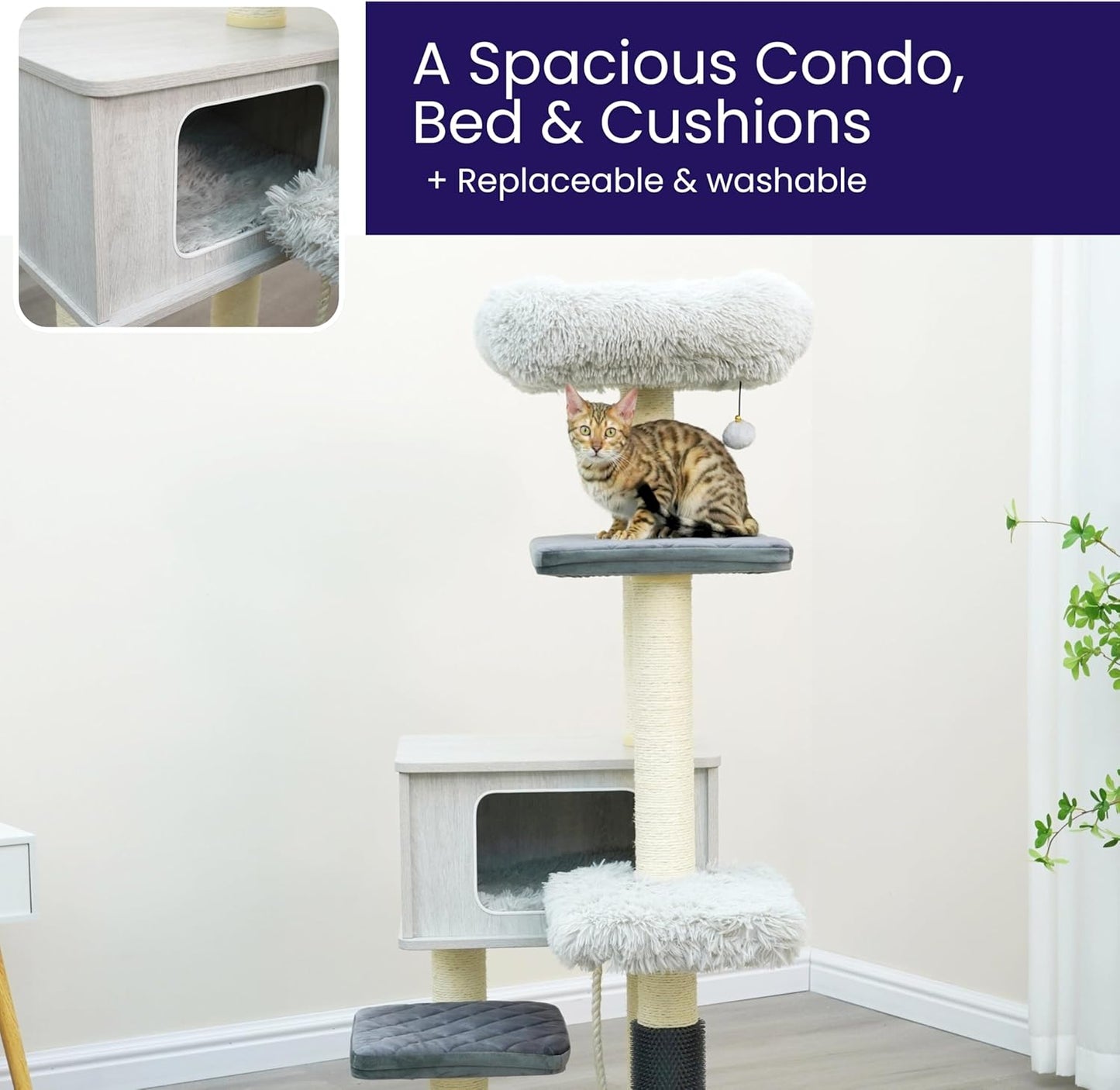 Catry Kasio 6 Level 54" High Modern Cat Tree with Laminated Wood Condo,Replaceable Scratching Posts,Removeable Washable Beds, Self Grooming Brush and Toys.(Light Gray)