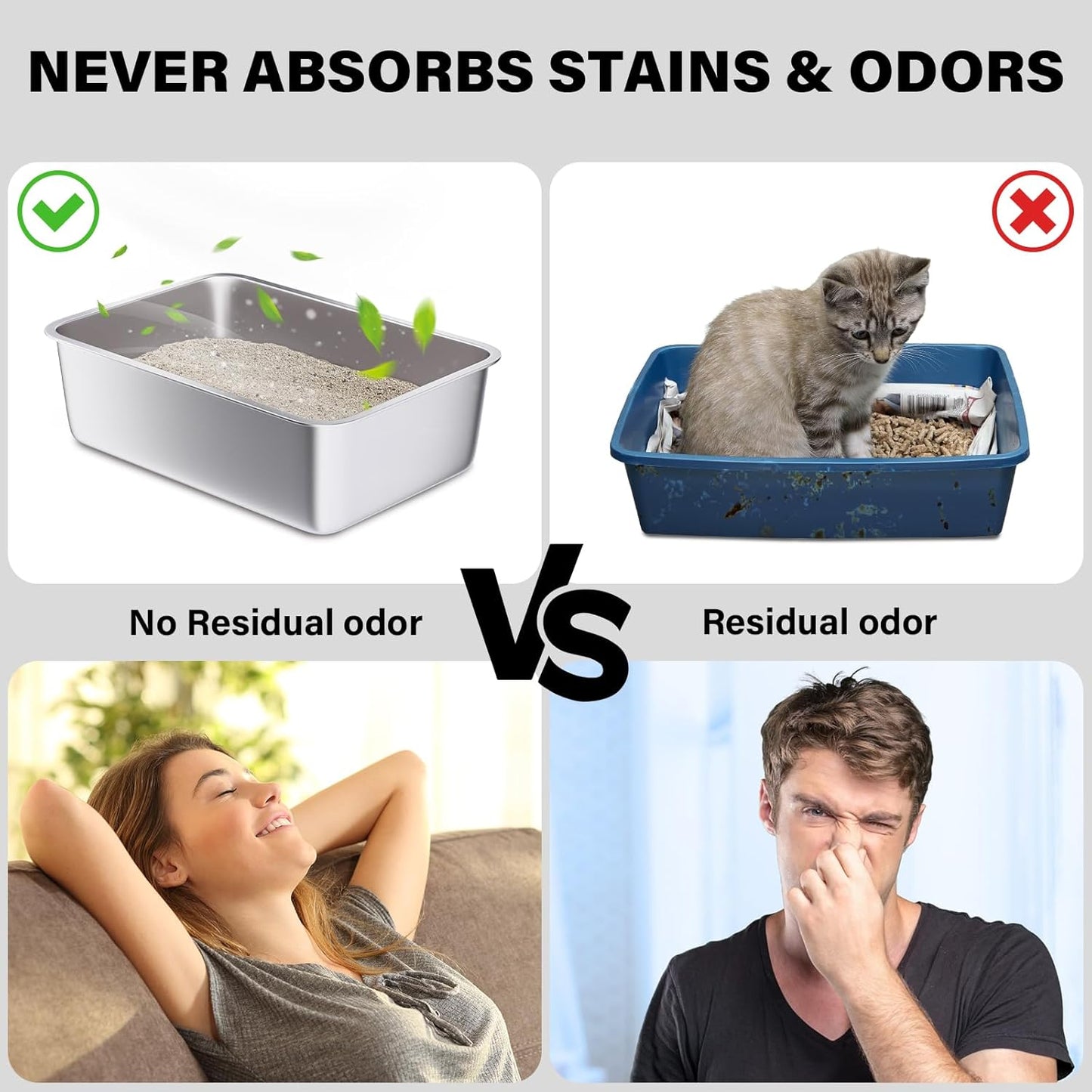 Stainless Steel Litter Box-Metal Litter Box Large for Cats Easy to Clean,Large Metal Cats Box Litter, Litter Boxes for Cat/Kitty/Rabbits,Non Stick, No Smell