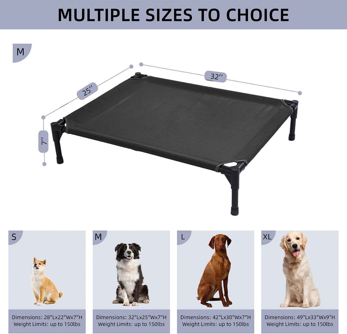 pettycare Elevated Outdoor Dog Bed - Dog Cots for Medium Pet, Heavy Duty Raised Cot Waterproof, Cooling Pets Bed with Washable Durable Teslin Mesh and Non Slip Feet, 32 Inches, Black