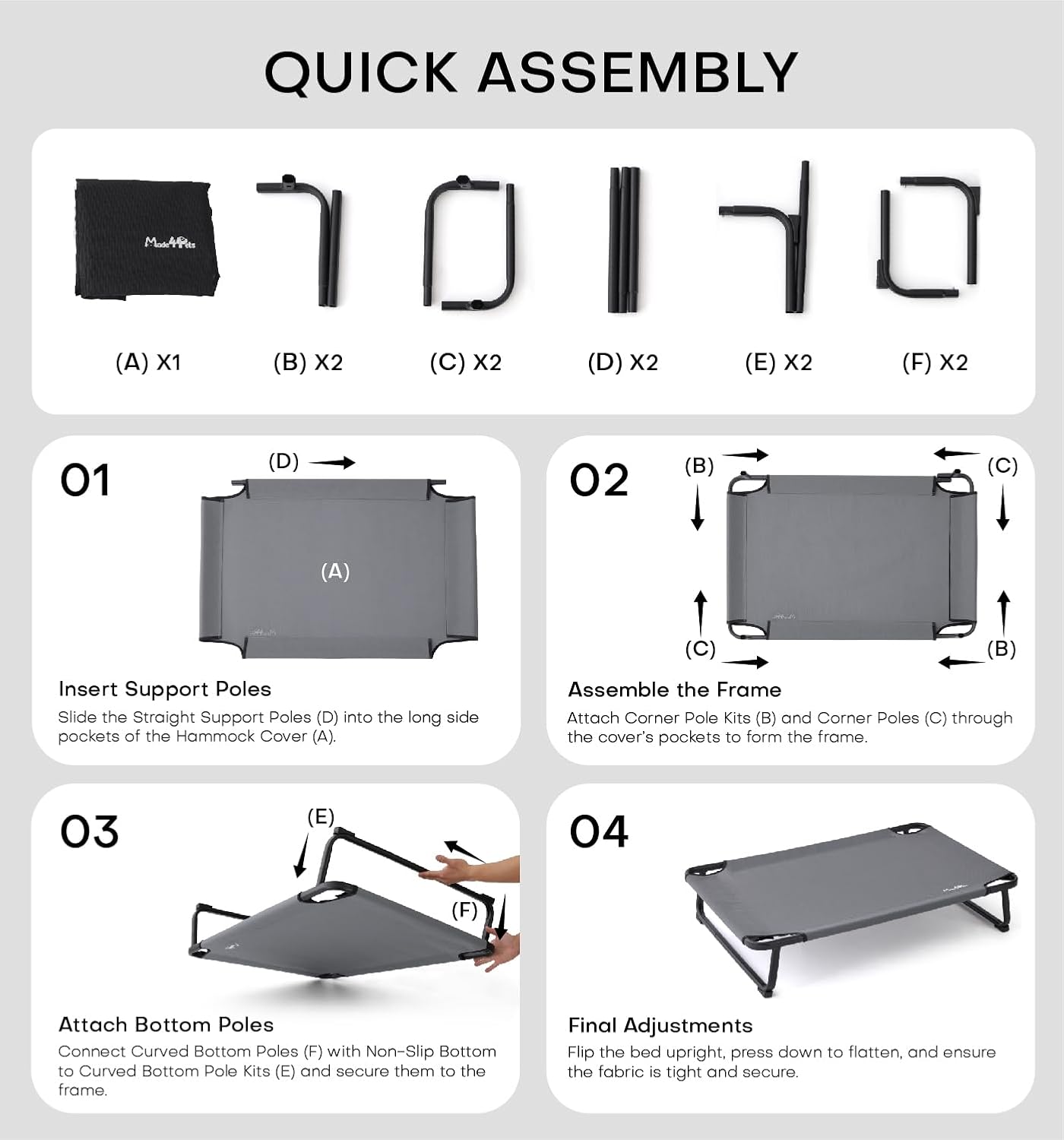 Made4Pets Outdoor Elevated Dog Bed for Large Dogs - Cooling Raised Pet Cot with Skid-Resistant Feet, Tool-Free Setup, Chew-Resistant Frame, Washable Mesh Hammock, Indoor & Outdoor Use, 42"x28", Black