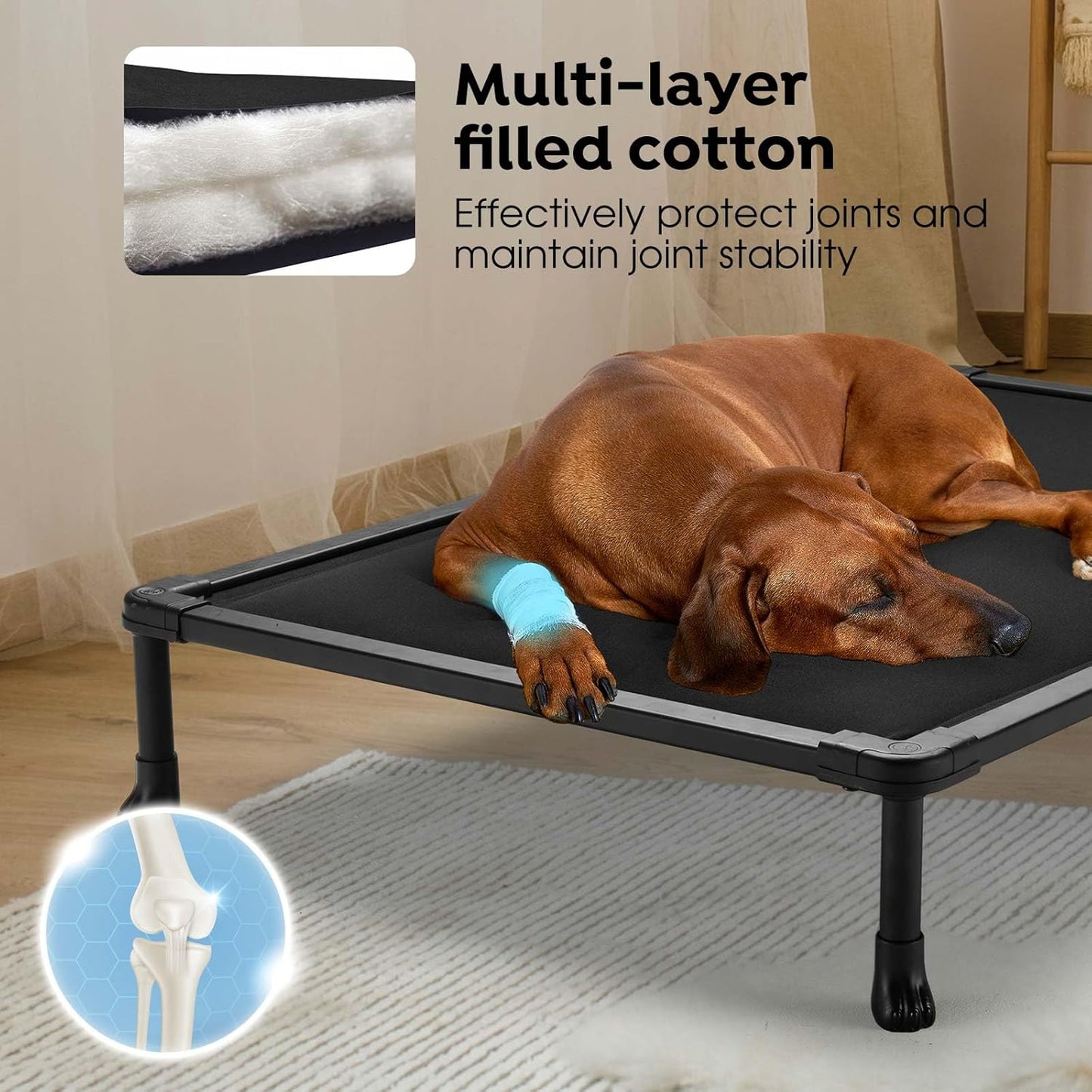 Veehoo Chew Proof Elevated Dog Bed, Durable Raised Pet Cot with Soft PP Cotton-Filled Waterproof Mat, Washable Padded Cot for Indoor, Outdoor & Camping, 35-Inch, Black