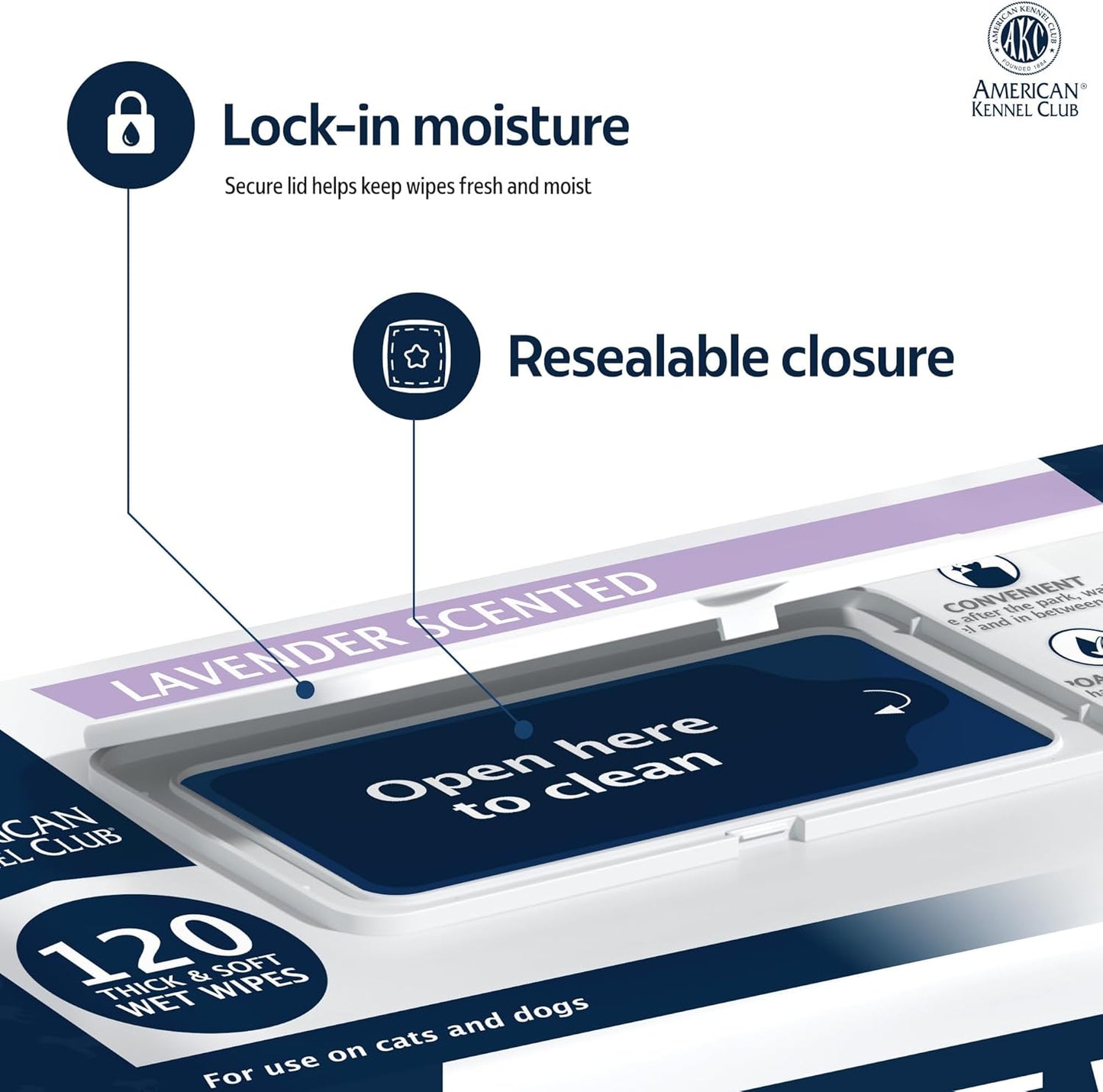 AKC Pet Wipes for Dogs & Cats – Hypoallergenic, Alcohol-Free Wipes for Paws, Face, Ears & Coat – Thick, Gentle Cleaning with Natural Aloe – Available in Lavender, Fresh & Oatmeal Scents