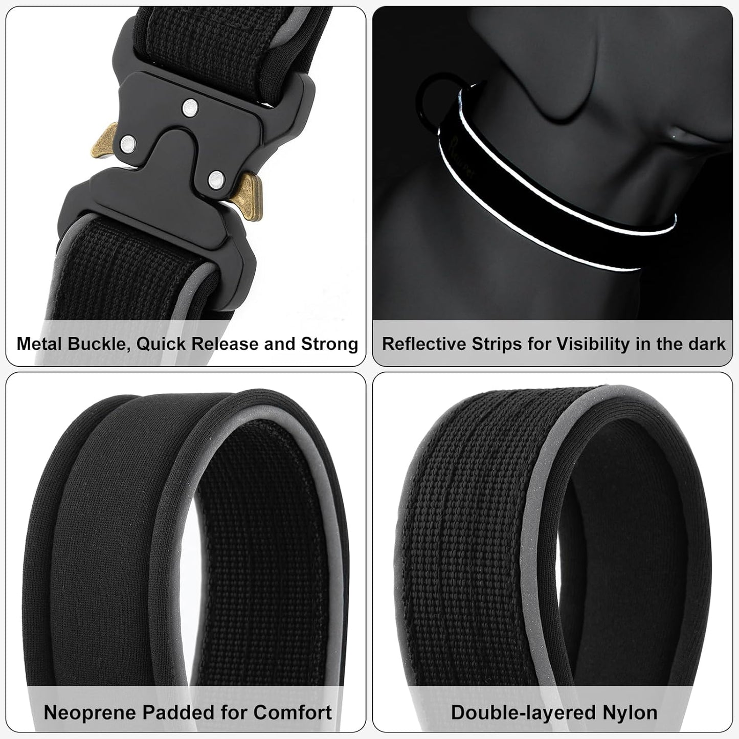 Plutus Pet Tactical Dog Collar, Reflective, Adjustable Heavy Duty Dog Collar, Soft Padded and Comfortable, for Small Medium and Large Dogs (Black, M)