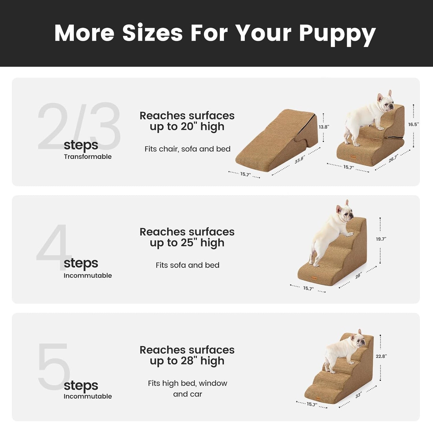 Gardner Pet Dog Stairs for Small Dogs 16.5" H, 2 in 1 Transformable 3-Step Pet Stairs and Dog Ramp for Couch (13-20 in), Brown Adjustable Pet Steps with Non-Slip Waterproof Cover and CertiPUR-US Foam