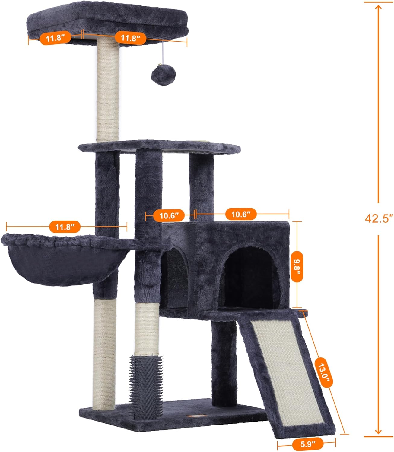 Heybly Cat Tree with Cat Self Groomer Brush, Cat Tower Condo for Indoor Cats with Padded Plush Perch, Cat House with Basket Scratching Board Post, Smoky Gray HCT005SG