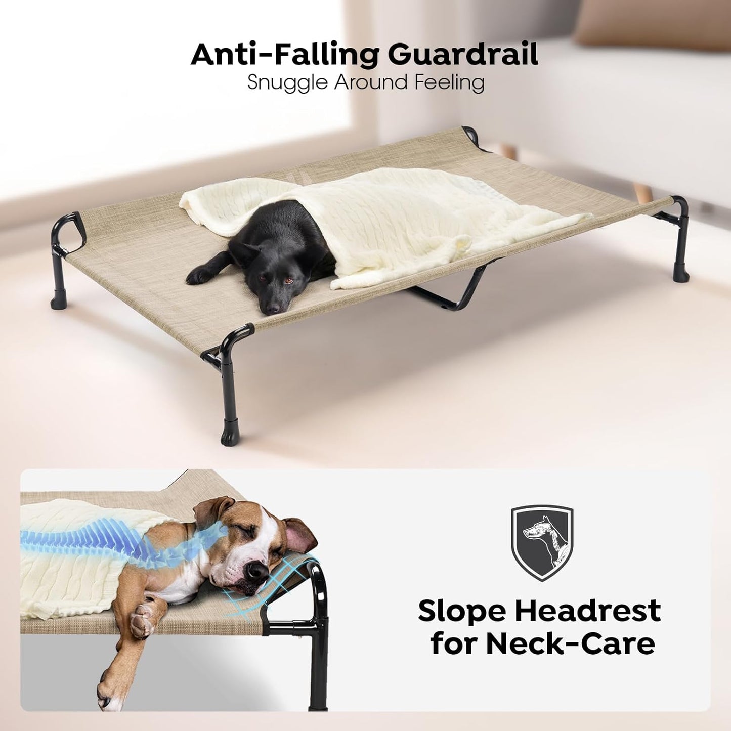 Veehoo Cooling Elevated Dog Bed - Raised for Large Dogs, Outdoor With Guardrail, Upgraded Non-Slip Feet, Breathable Teslin Mesh, Portable Camping Cot, 47 x 29 Inches, Beige Coffee