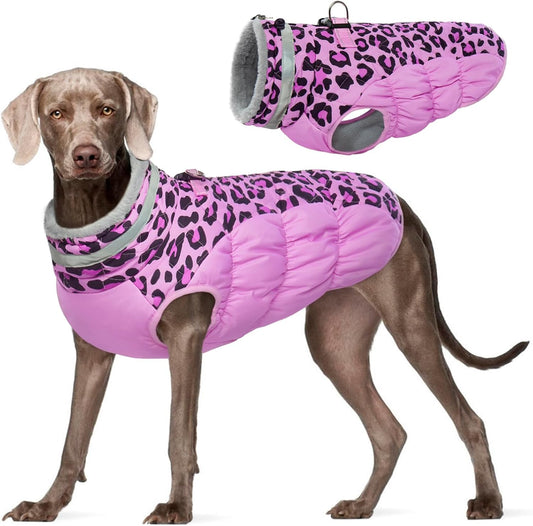 FUAMEY Dog Coat for Large Dogs,Waterproof Dog Winter Jacket with Harness Built in Puppy Cold Weather Coats Reflective Pet Vest with Zipper Warm Fleece Dogs Snowsuit Windproof Pink Leopard XXL