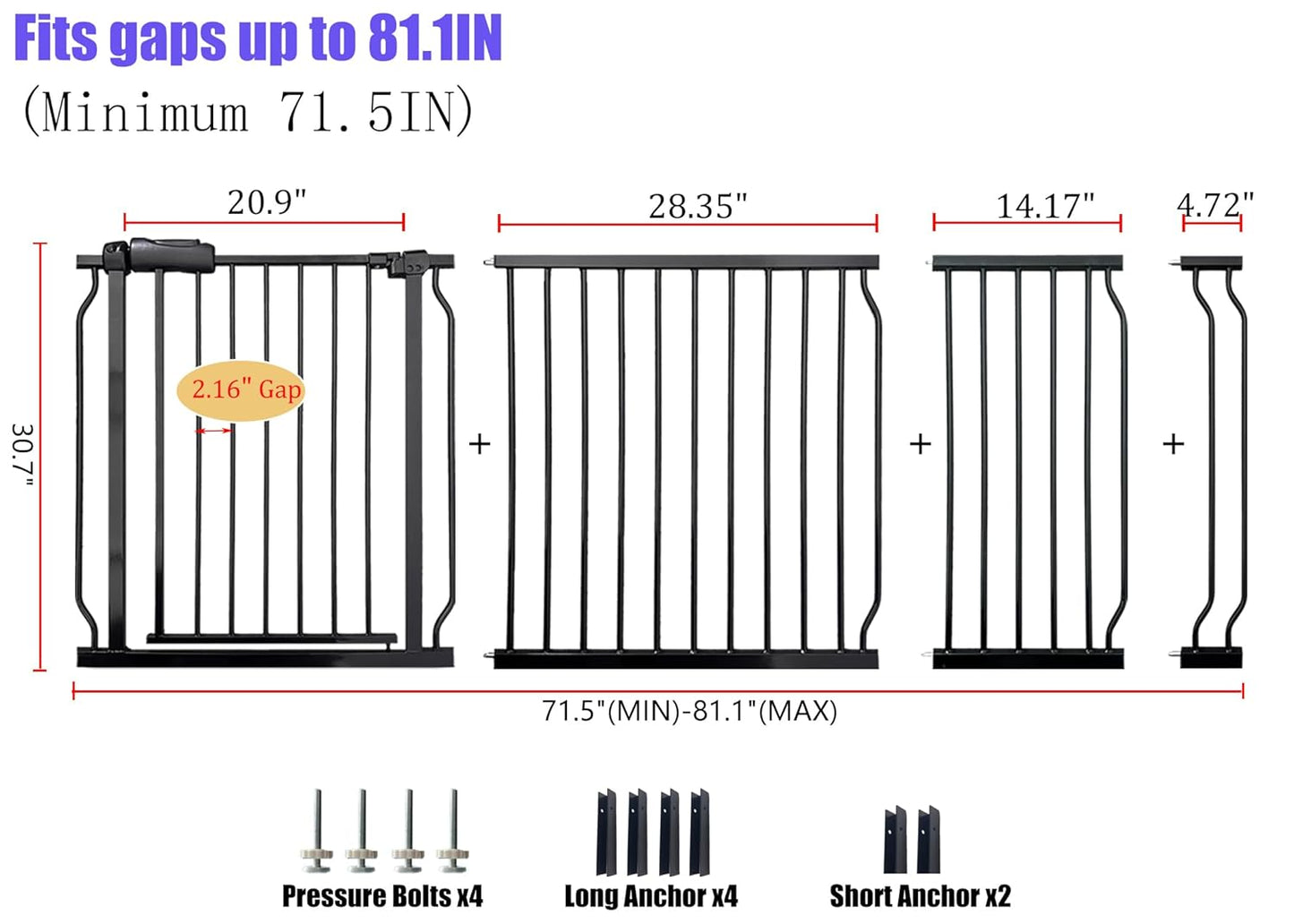 Extra Wide 76.4-81 Inch Large Baby Gates for Stairs, Doorways - No Drilling, Pressure Mounted Pet Gates for Kids & Dogs