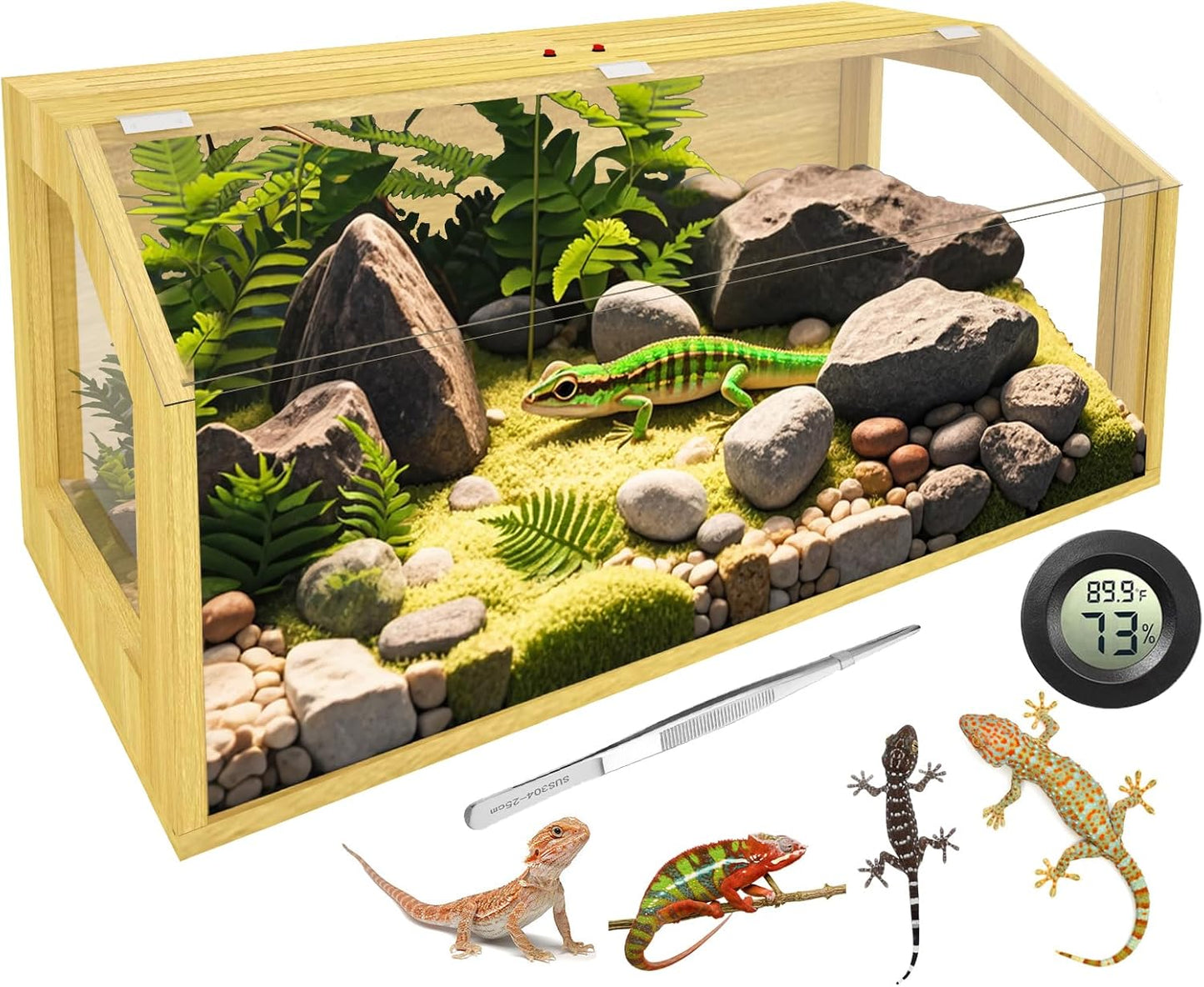 30 Gallon Bearded Dragon Tank, Reptile Terrarium with Feeding Tongs, Lockable Clear Acrylic Roof, Snake Tank Enclosure, Reptile Cage, Lizard, Leopard Gecko Tank, 32" L x 16" W x 16" H