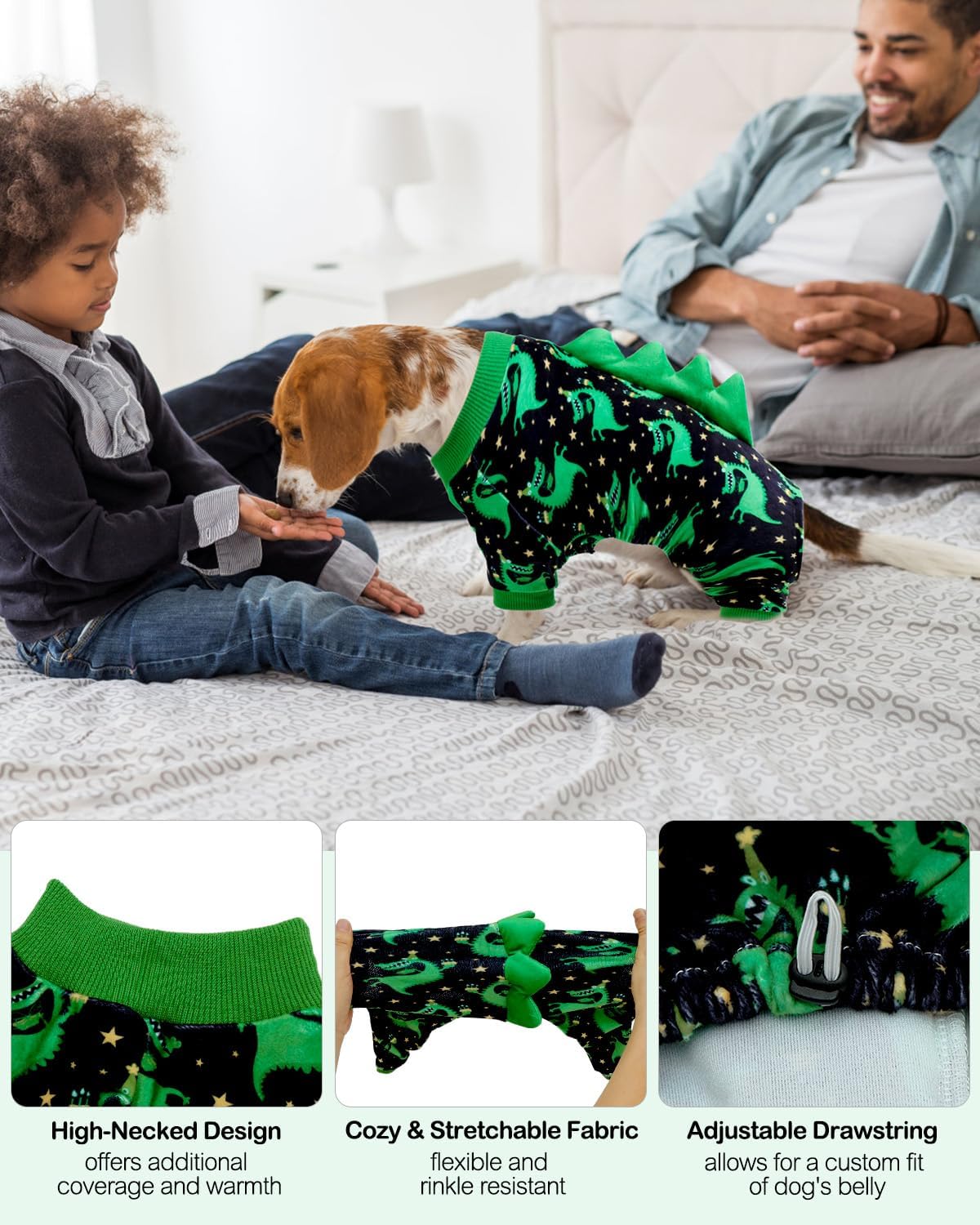 CuteBone Dinosaur Costume Dog Pajamas, Stretchy Spandex Crystal Velvet Sleepwear Coat for Small Dogs, Soft & Warm Pet Outfit Clothes for Cold Weather, Cozy Pullover Design COSP14M