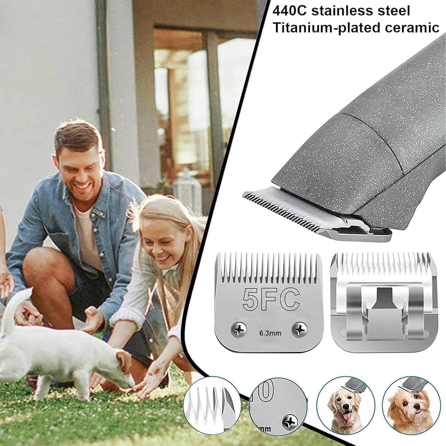 4pcs Dog Grooming Blades Compatible with Andis Dog Clippers,Detachable Ceramic Blade & Stainless Steel Blade (3FC+4FC+5FC+7FC)