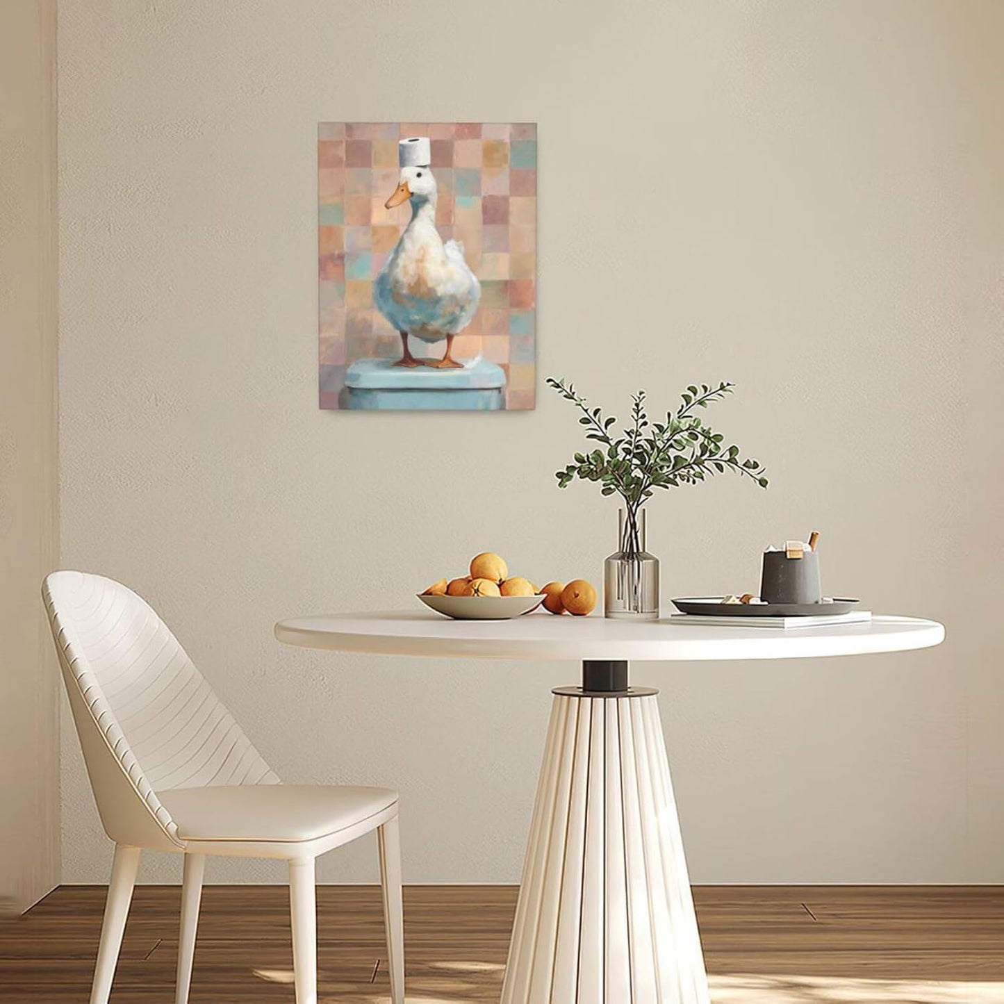 Funny Duck Bathroom Wall Art Cute Duck on Toilet Canvas Wall Decor Funny Quirky Farm Animal Pictures Painting Print Framed Artwork Decorations Gifts for Bathroom 12"x16"