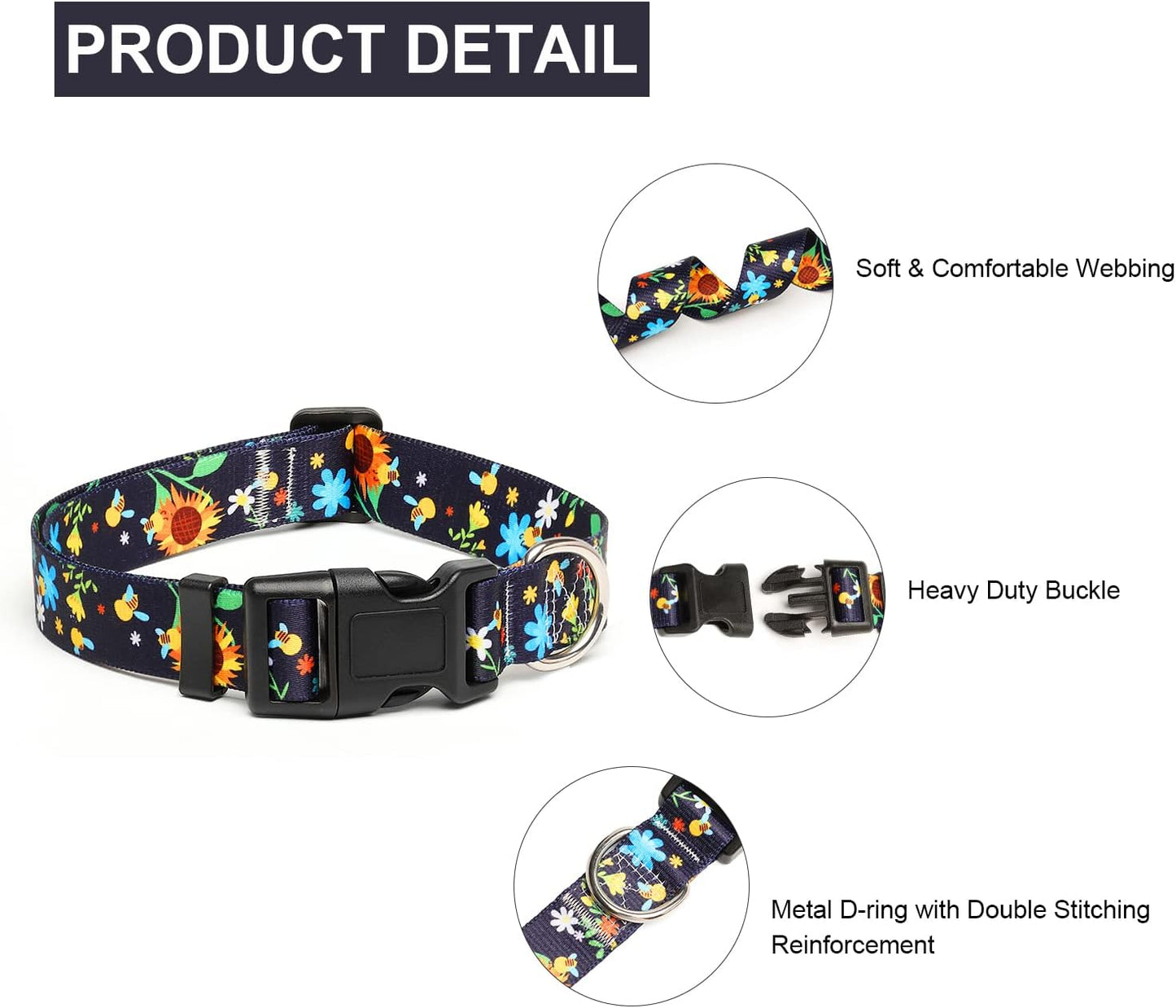 Mercano Adjustable Dog Collar - Special Design Patterns, Soft Nylon Comfortable Durable Pet Collar for Small Medium Large Dogs (M, Sunflower)