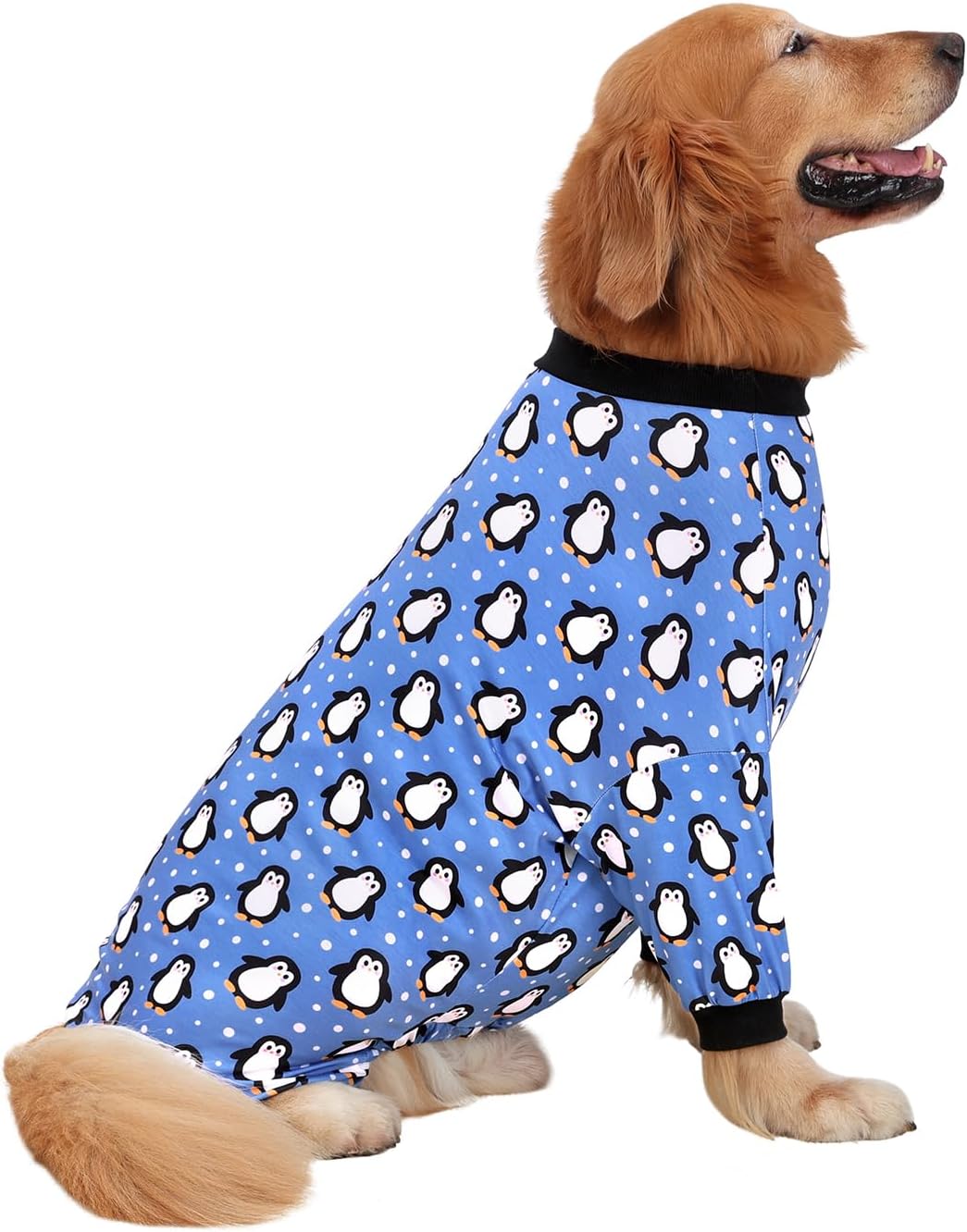 HDE Dog Pajamas One Piece Jammies Jumpsuit Pet Clothes Outfit Stretchy Lightweight Comfy Shirt Pjs for M-3XL Dogs Penguin Polka Dots - L