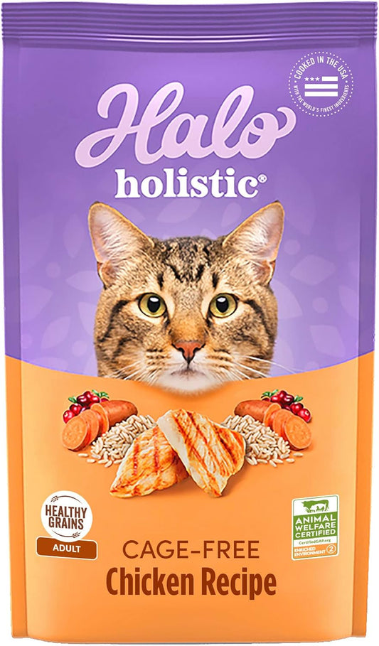 Halo Holistic Cage Free Chicken Cat Food, Healthy Grains Dry Cat Food, Complete Digestive Health, Kibble for Adult Cats, 3 lb Bag